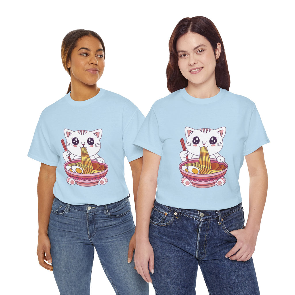 Cute Cat Ramen Tee – Kawaii Kitty Eating Noodles Graphic Shirt