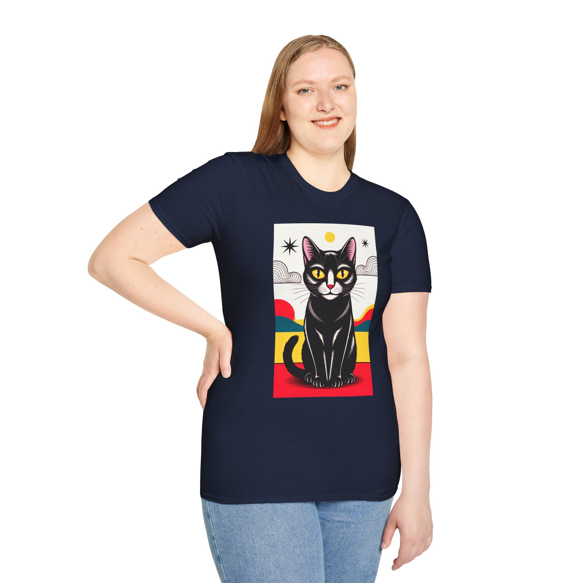 Black Cat Graphic T-Shirt — Retro Sunset Cat Illustration
