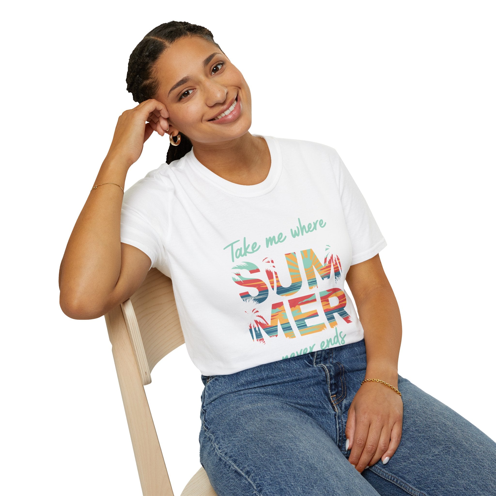 Summer Never Ends T-Shirt — "Take Me Where Summer Never Ends" Beach Vibes Tee