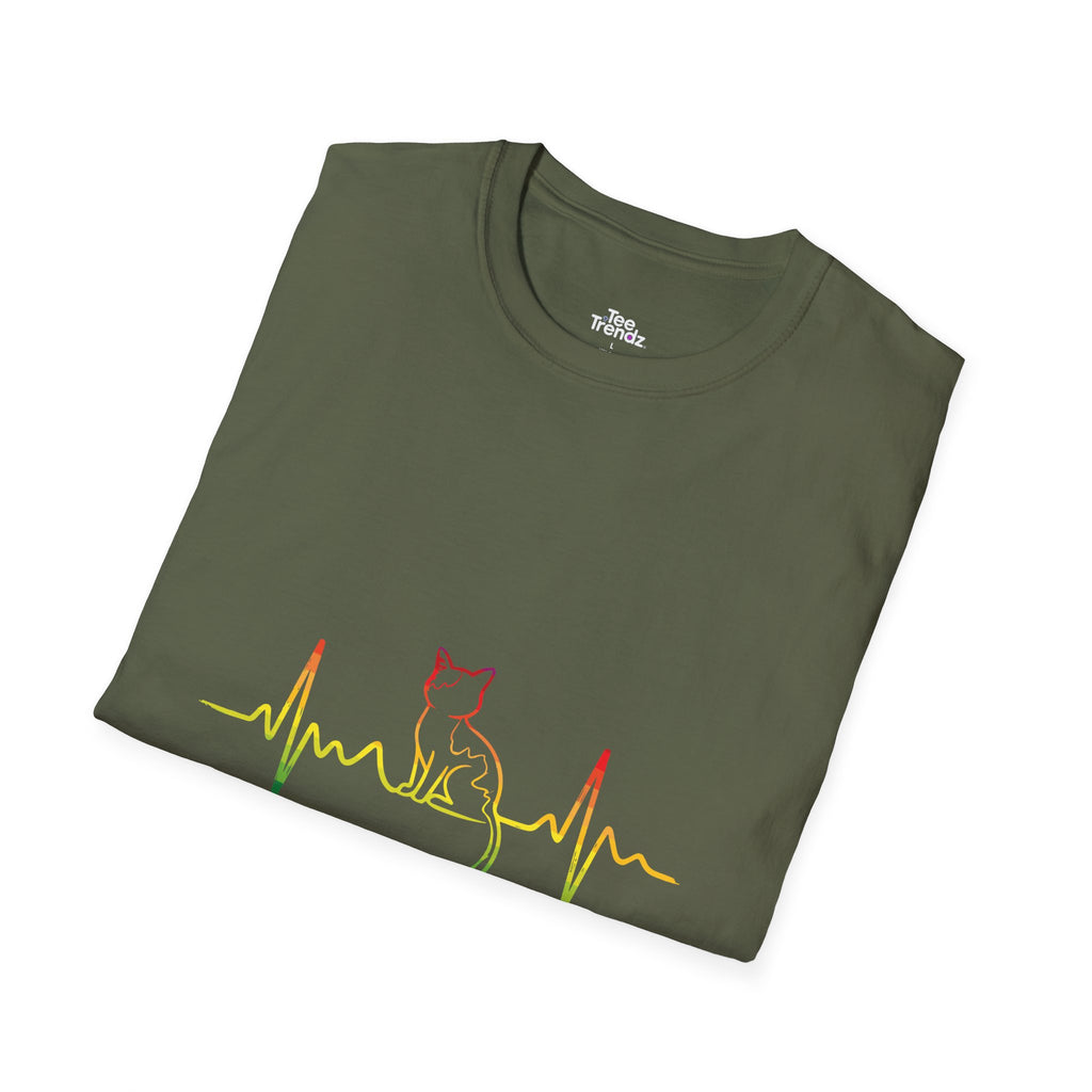 Cat Heartbeat T-Shirt — Rasta Outline Cat EKG Tee