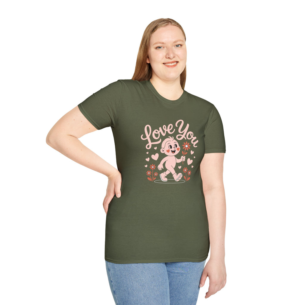 Love You Cute Character T-Shirt — Retro Pink Heart Cartoon Graphic Tee for Valentine’s Day