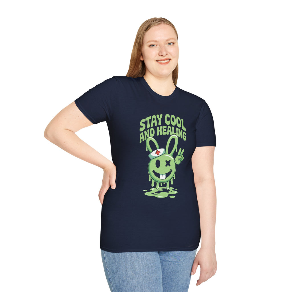Stay Cool and Healing Graphic T-Shirt — Cute Green Bunny Peace Tee