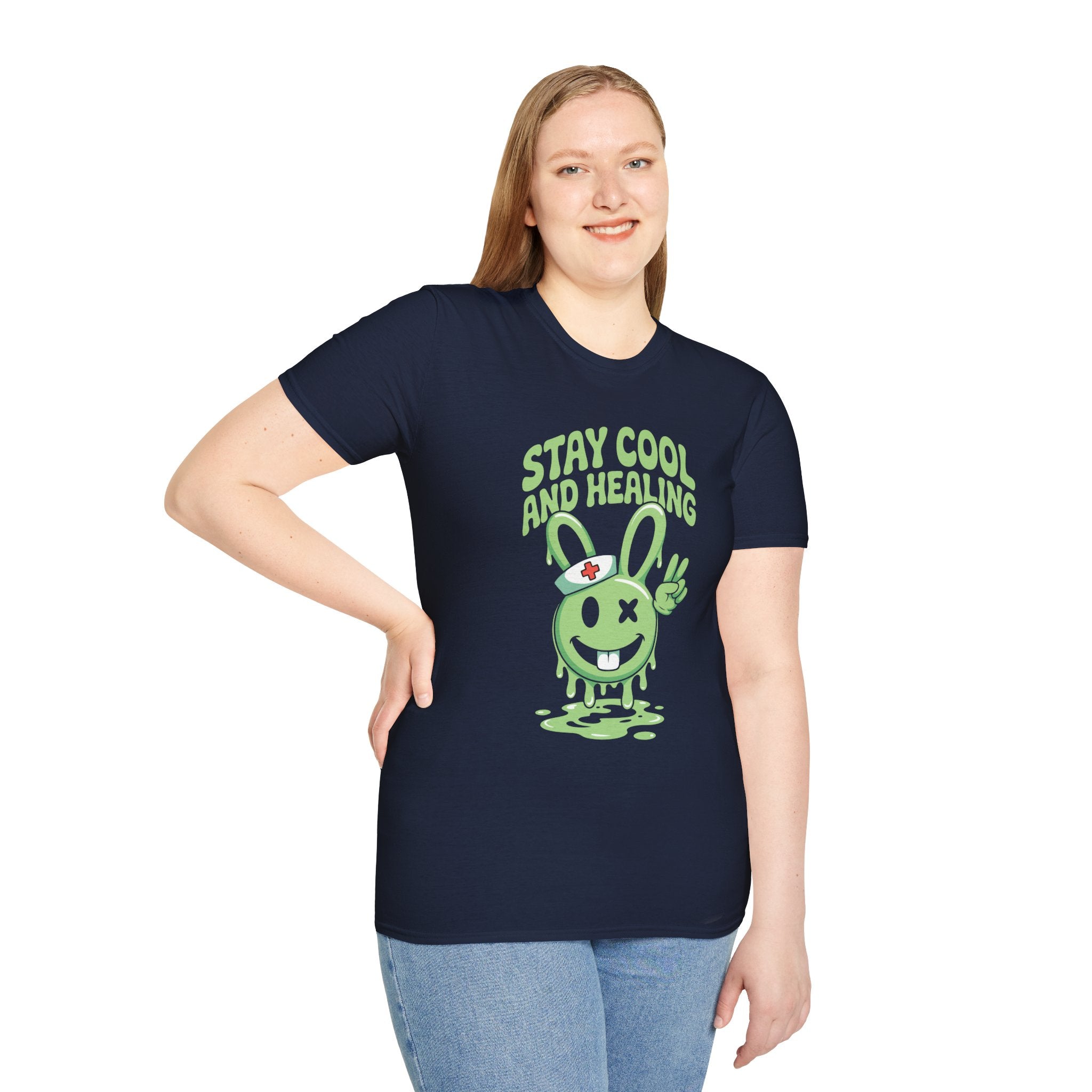 Stay Cool and Healing Graphic T-Shirt — Cute Green Bunny Peace Tee