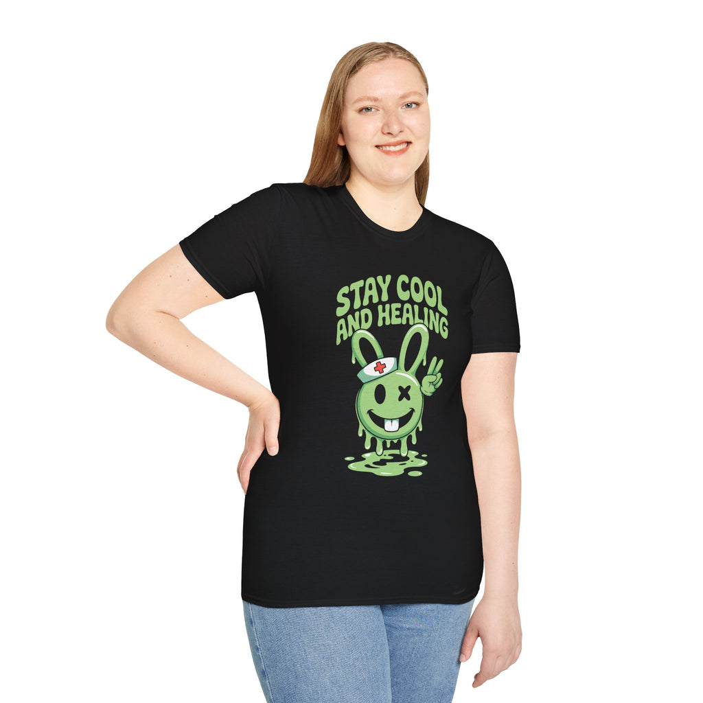 Stay Cool and Healing Graphic T-Shirt — Cute Green Bunny Peace Tee