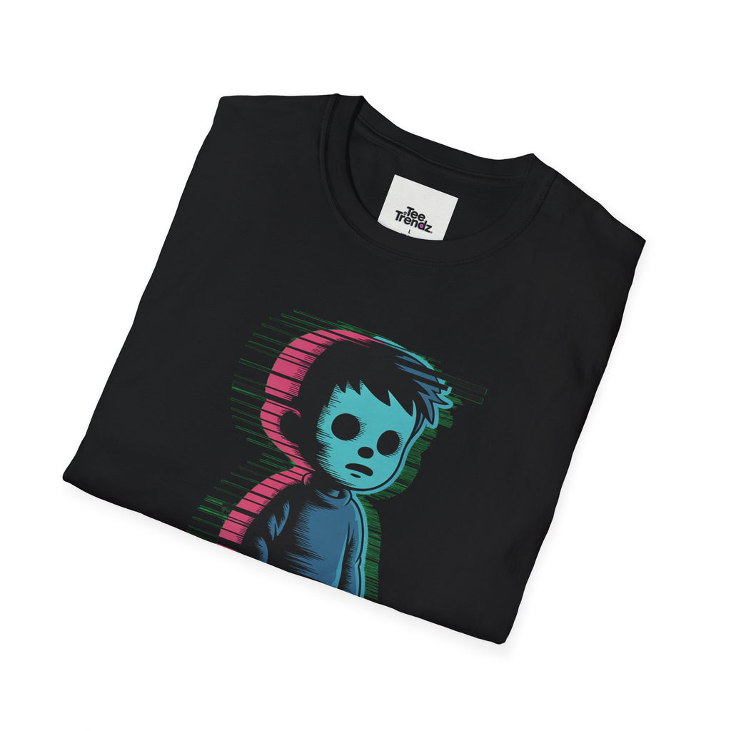 Glitch Kid Graphic T-Shirt — Retro Neon Horror Cute Tee