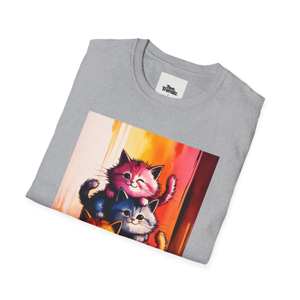 Colorful Stacked Cats T-Shirt — Playful Cute Cat Art Tee