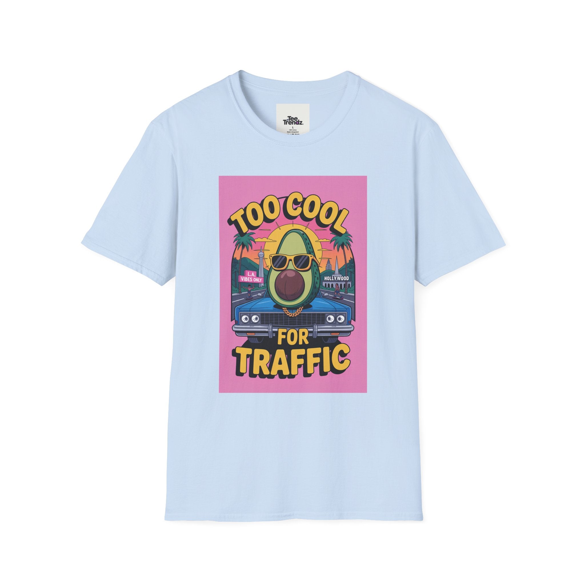 Too Cool for Traffic Avocado Tee — Retro Beach Car Graphic T-Shirt