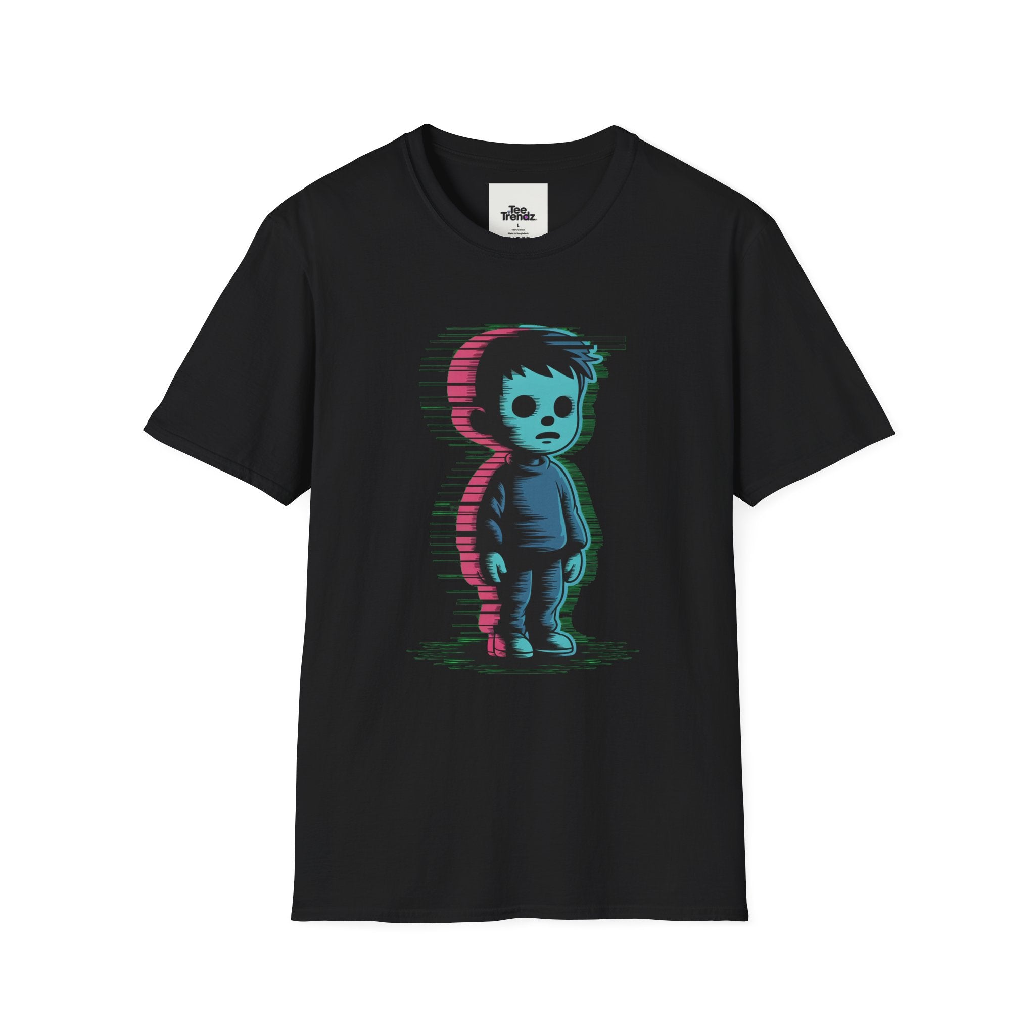 Glitch Kid Graphic T-Shirt — Retro Neon Horror Cute Tee