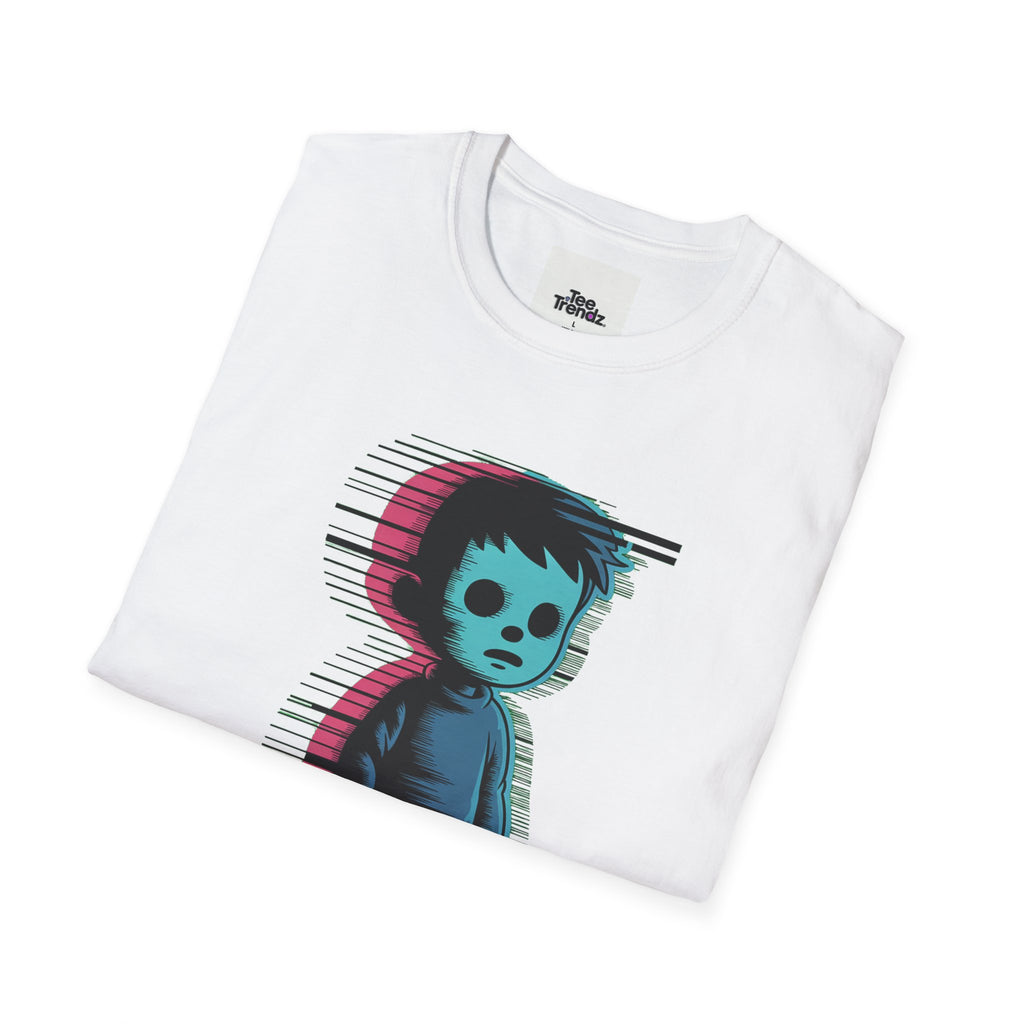 Glitch Kid Graphic T-Shirt — Retro Neon Horror Cute Tee