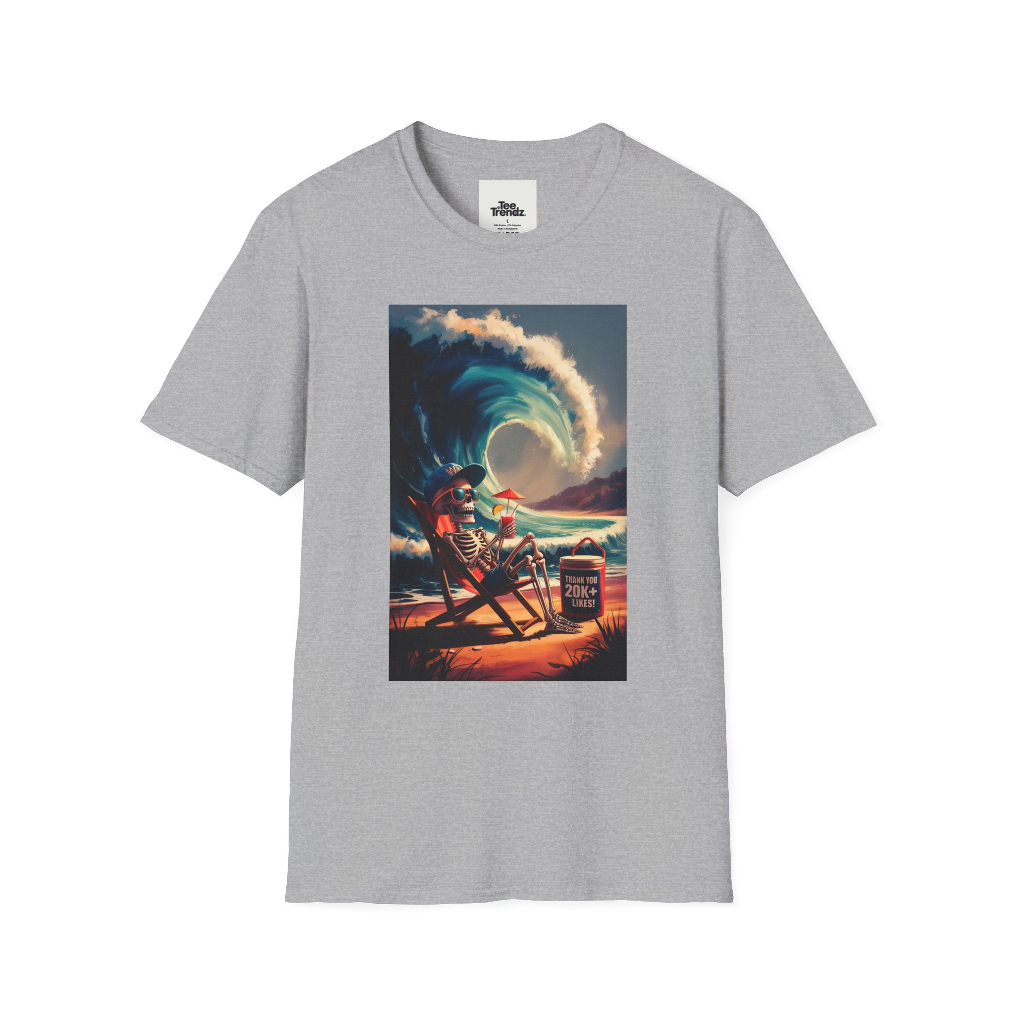 T-Shirt - Retro Beach Surf Scene with Giant Wave and Relaxing Skeleton (Vintage Coastal Vibe)