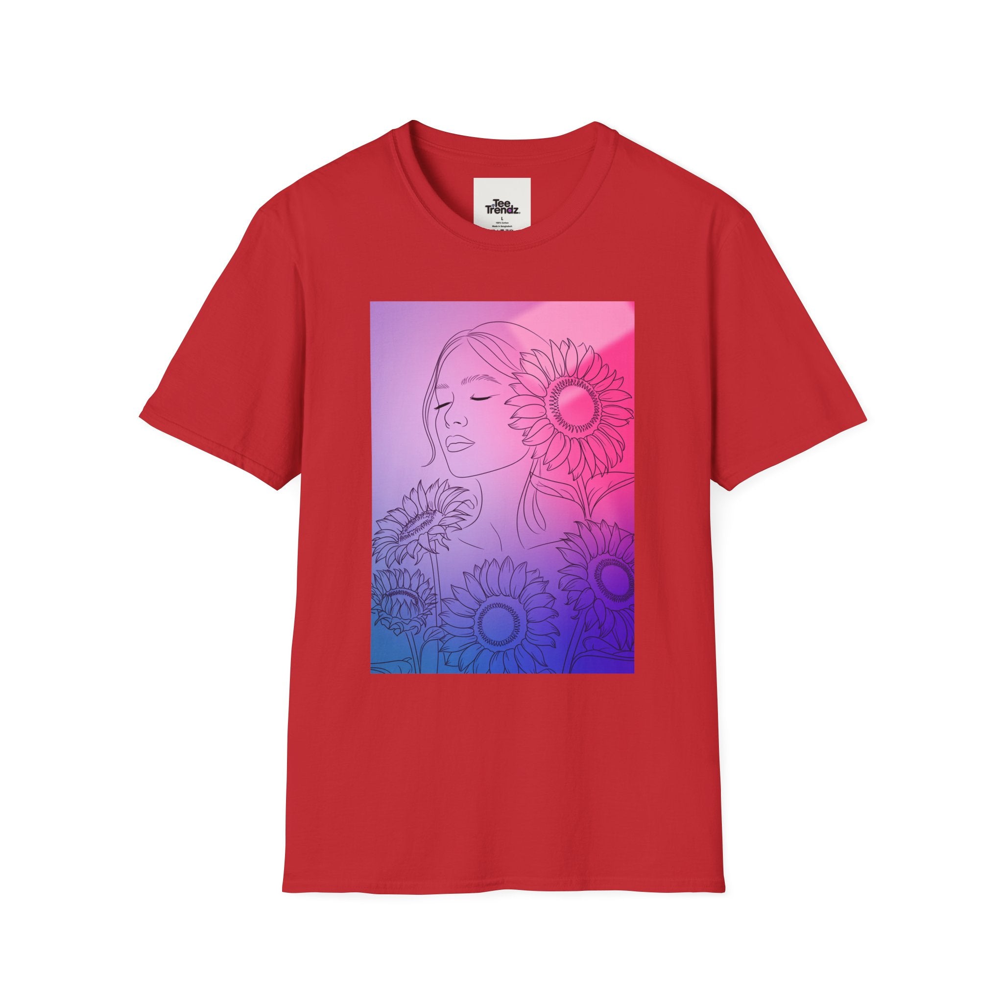 Floral Muse Tee — Pink to Blue Gradient Sunflower Portrait T-Shirt