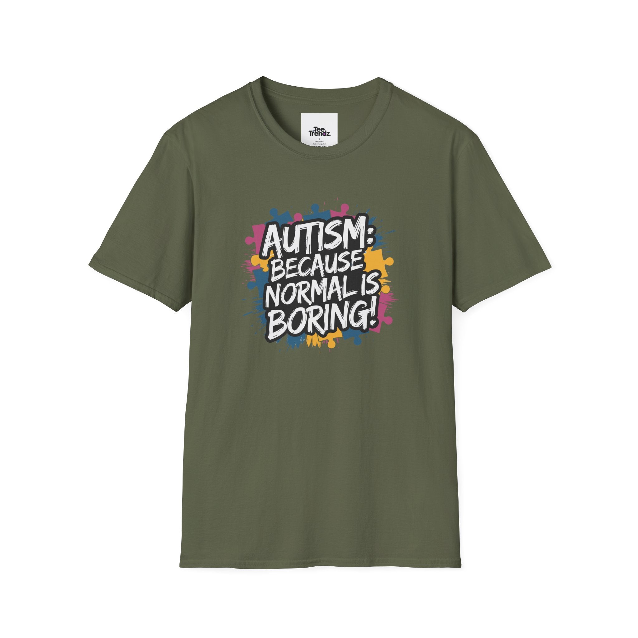Autism Because Normal Is Boring T-Shirt — Colorful Puzzle Piece Awareness Tee