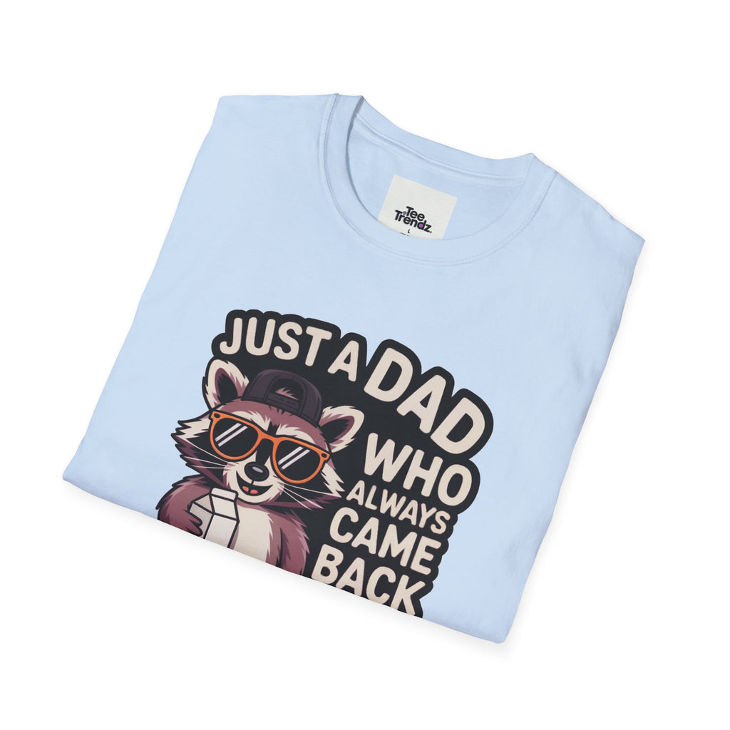 Dad T-Shirt — “Just a Dad Who Always Came Back With the Milk” Vintage Raccoon Design