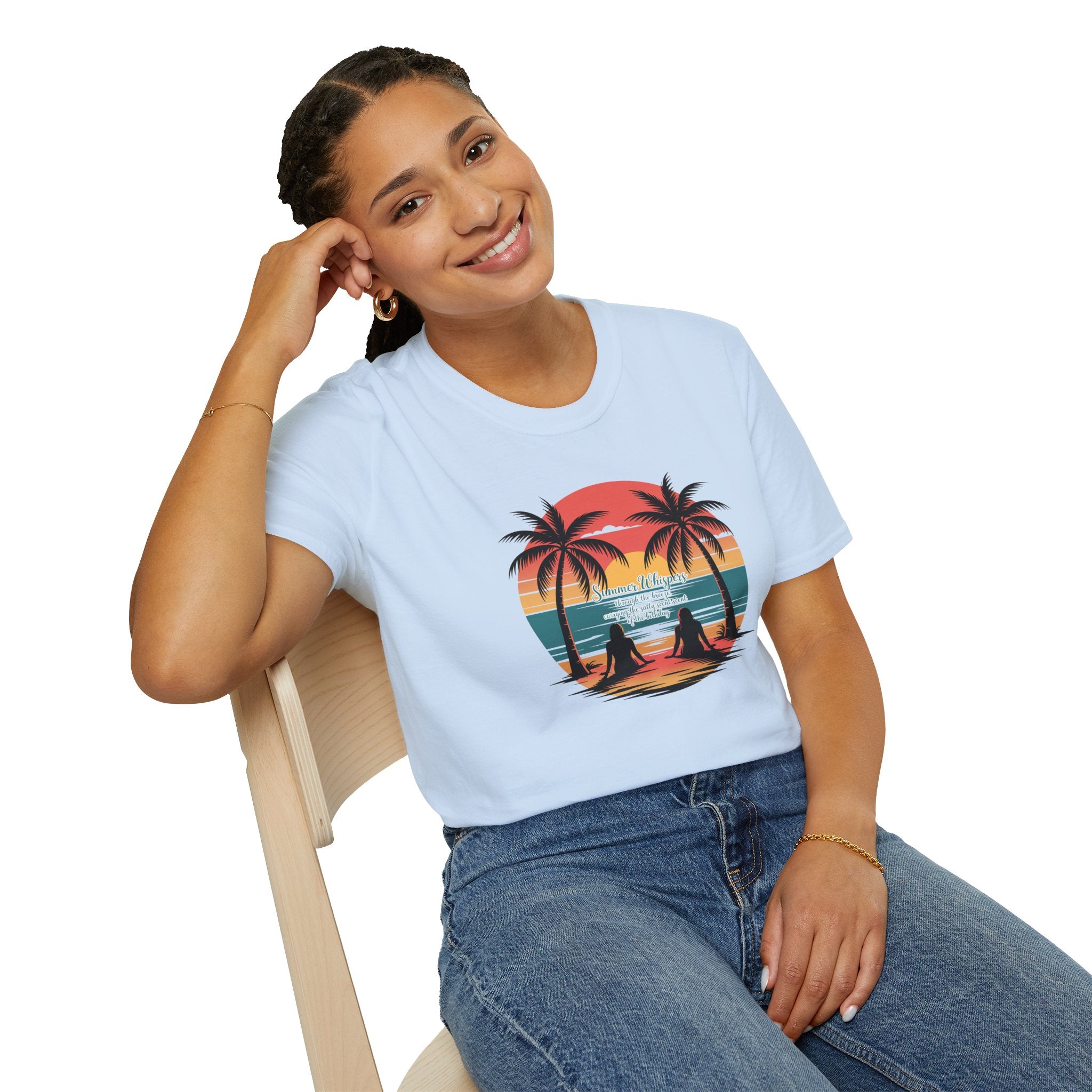 Beach Sunset T-Shirt — Couples Silhouette Palm Tree Graphic Tee (Vintage Rainbow Stripes)