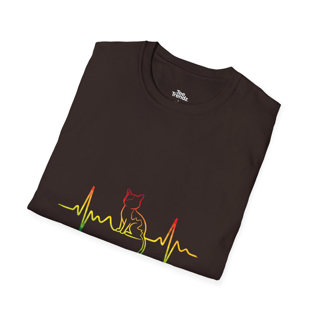 Cat Heartbeat T-Shirt — Rasta Outline Cat EKG Tee