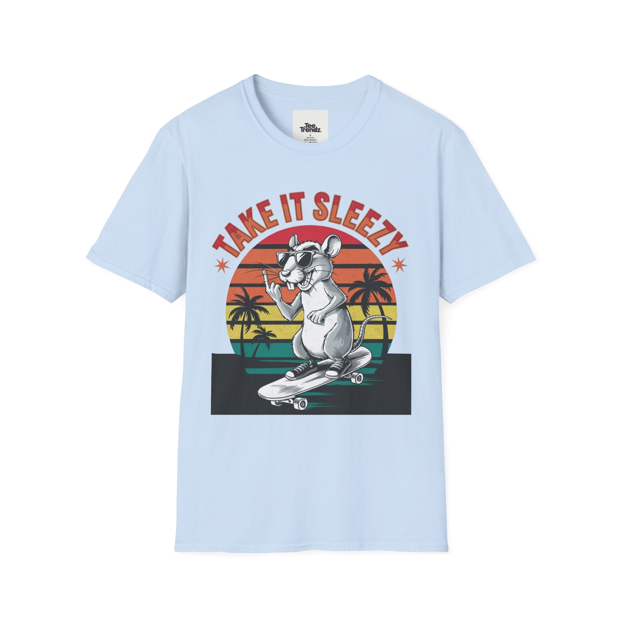 Take It Sleazy Skateboard Rat T-Shirt — Retro Sunset Beach Graphic Tee