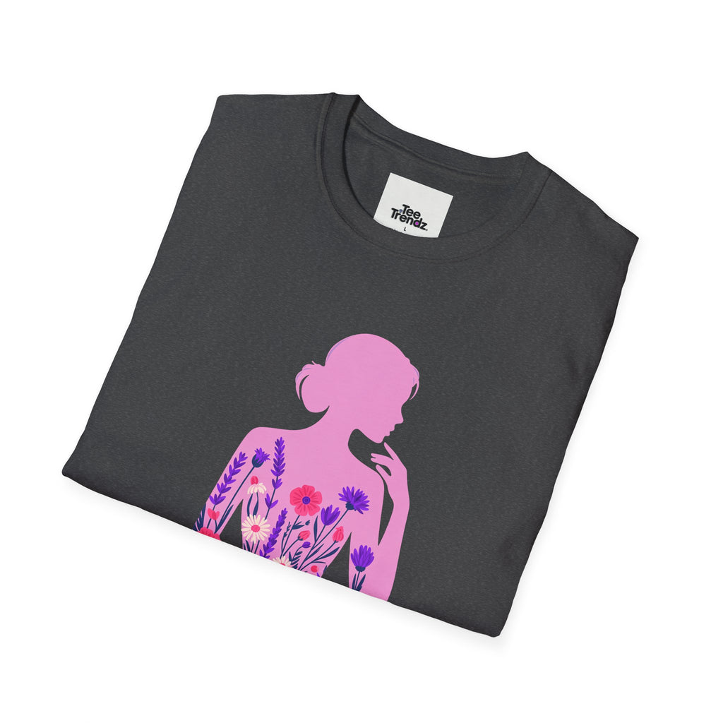 Floral Silhouette Tee — Pink Woman Dress Flower Graphic T-Shirt