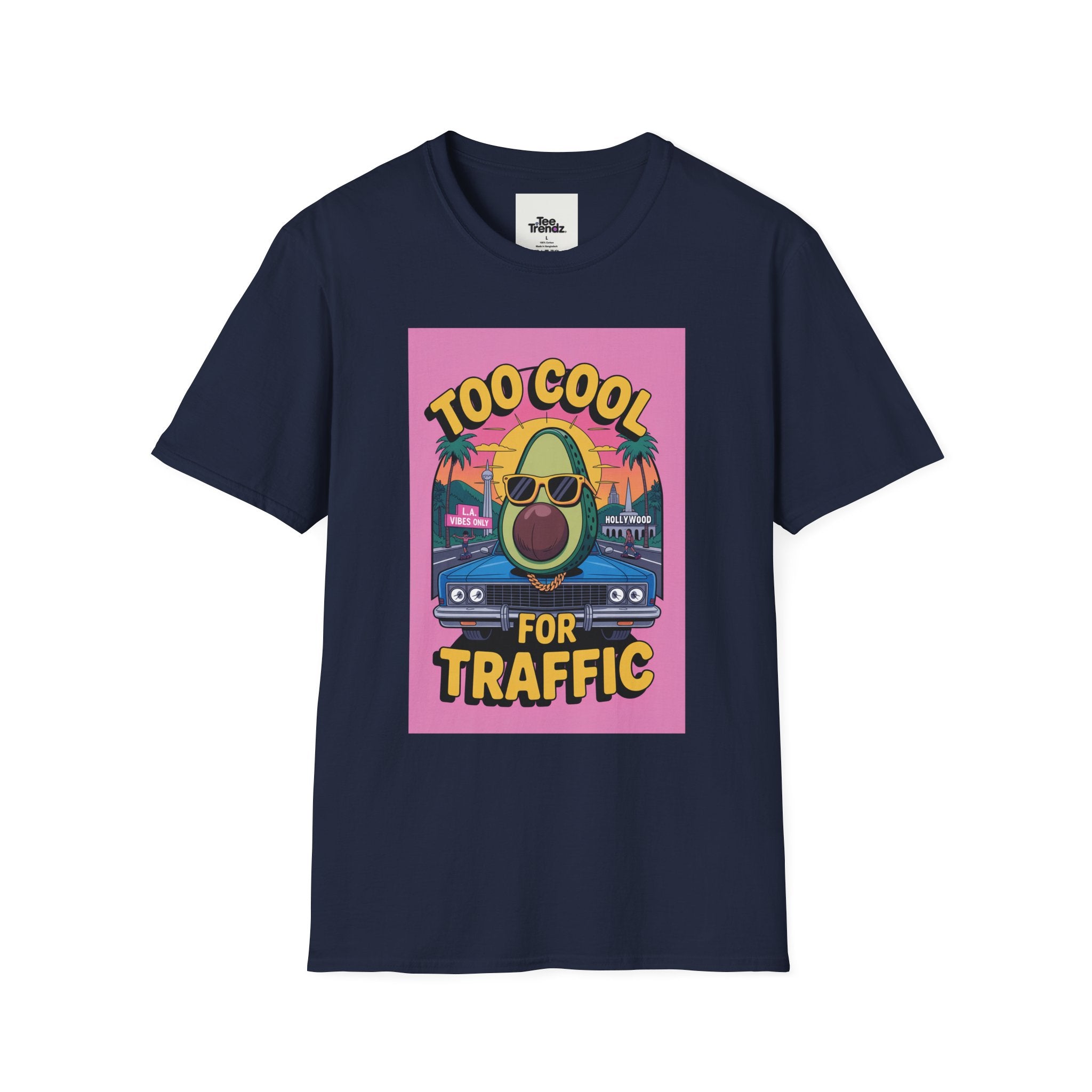 Too Cool for Traffic Avocado Tee — Retro Beach Car Graphic T-Shirt