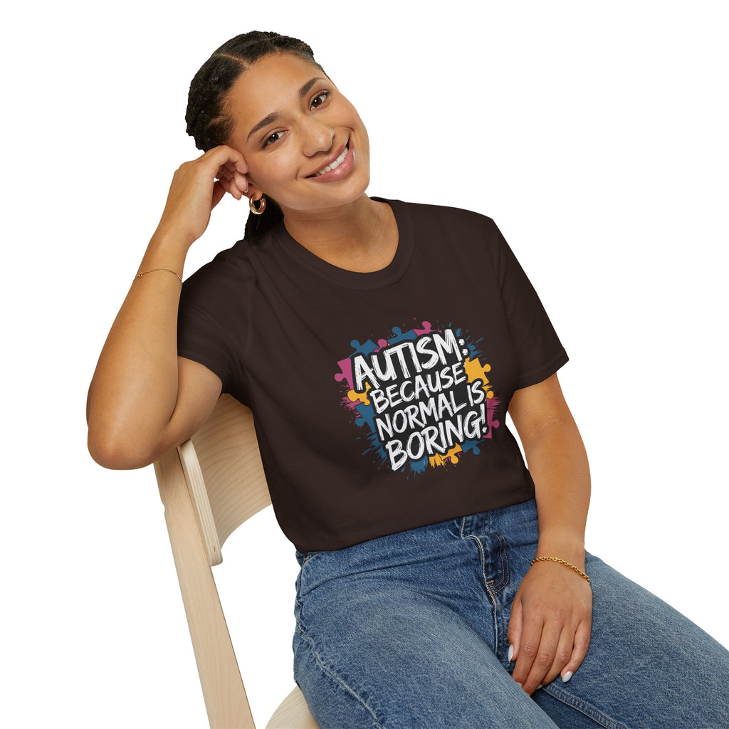 Autism Because Normal Is Boring T-Shirt — Colorful Puzzle Piece Awareness Tee