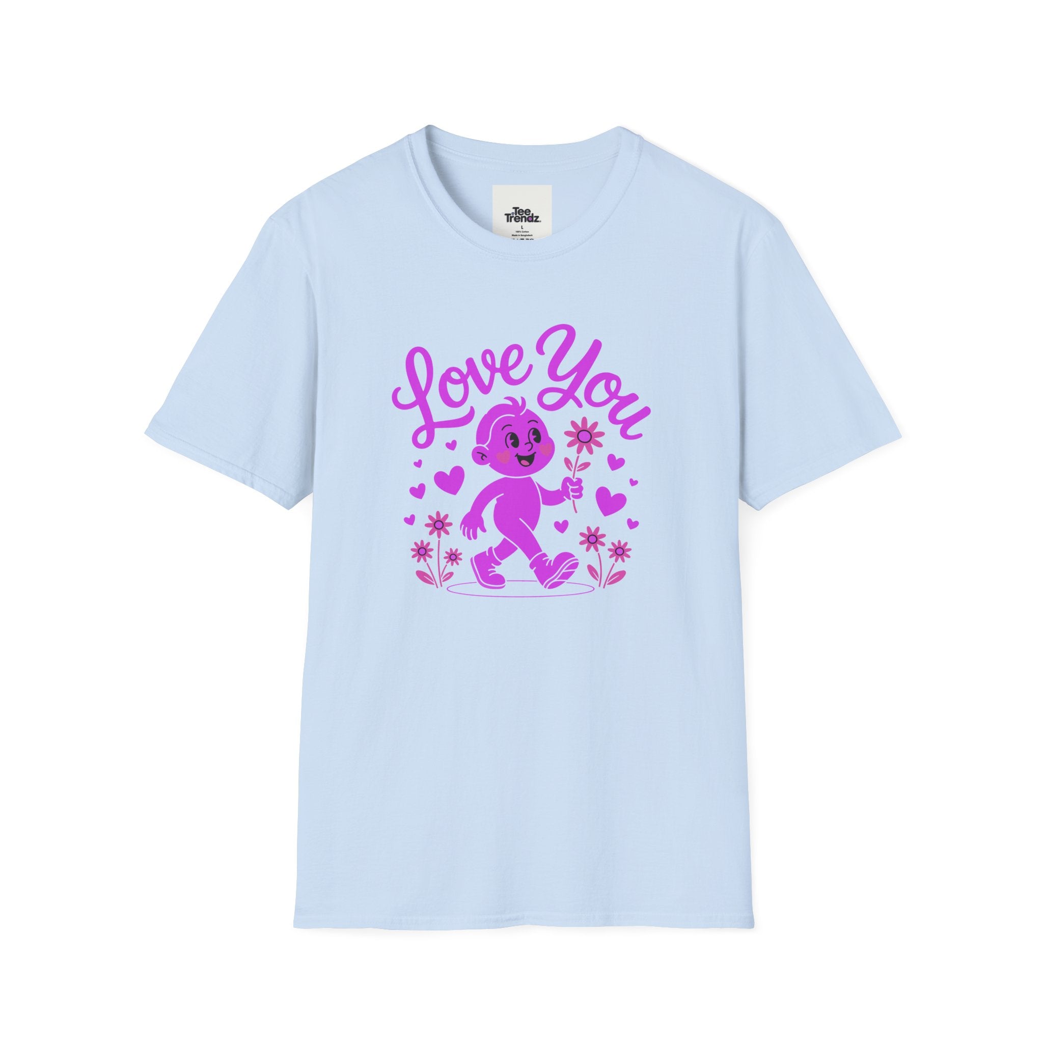 Love You Cute Character T-Shirt — Retro Pink Heart Cartoon Graphic Tee for Valentine’s Day