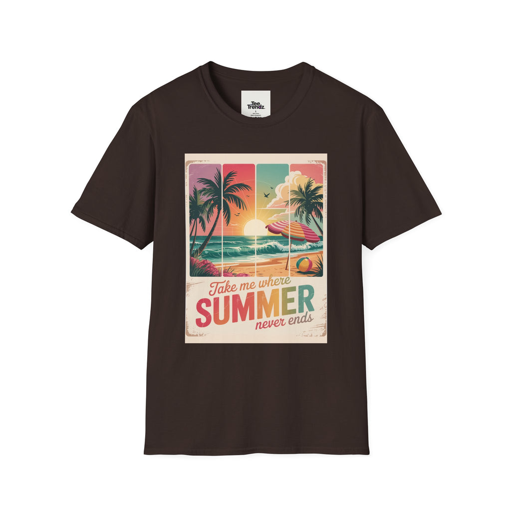 Summer Never Ends T-Shirt – Vintage Beach Sunset Graphic Tee