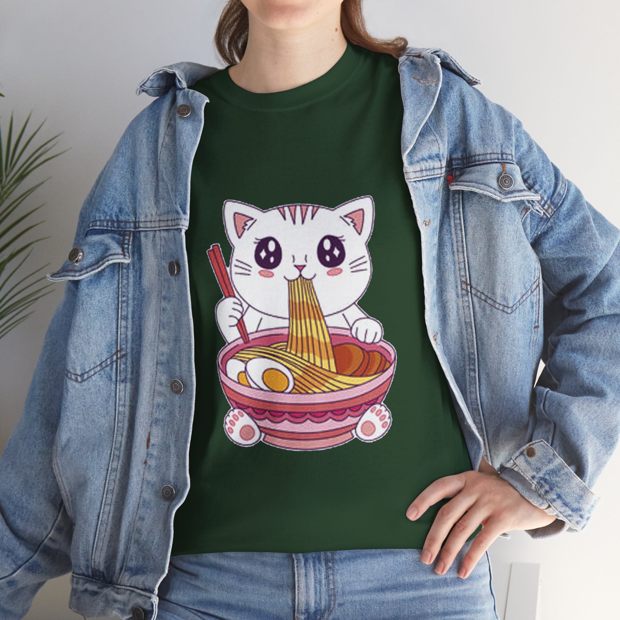 Cute Cat Ramen Tee – Kawaii Kitty Eating Noodles Graphic Shirt