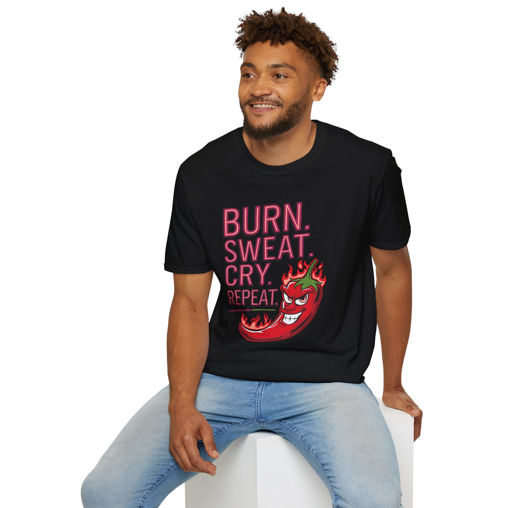 Burn. Sweat. Cry. Repeat. T-Shirt — Spicy Fitness Motivation Tee