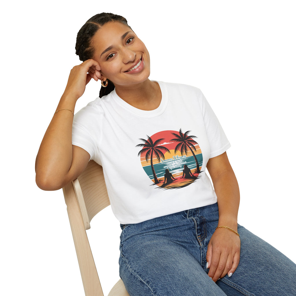 Beach Sunset T-Shirt — Couples Silhouette Palm Tree Graphic Tee (Vintage Rainbow Stripes)
