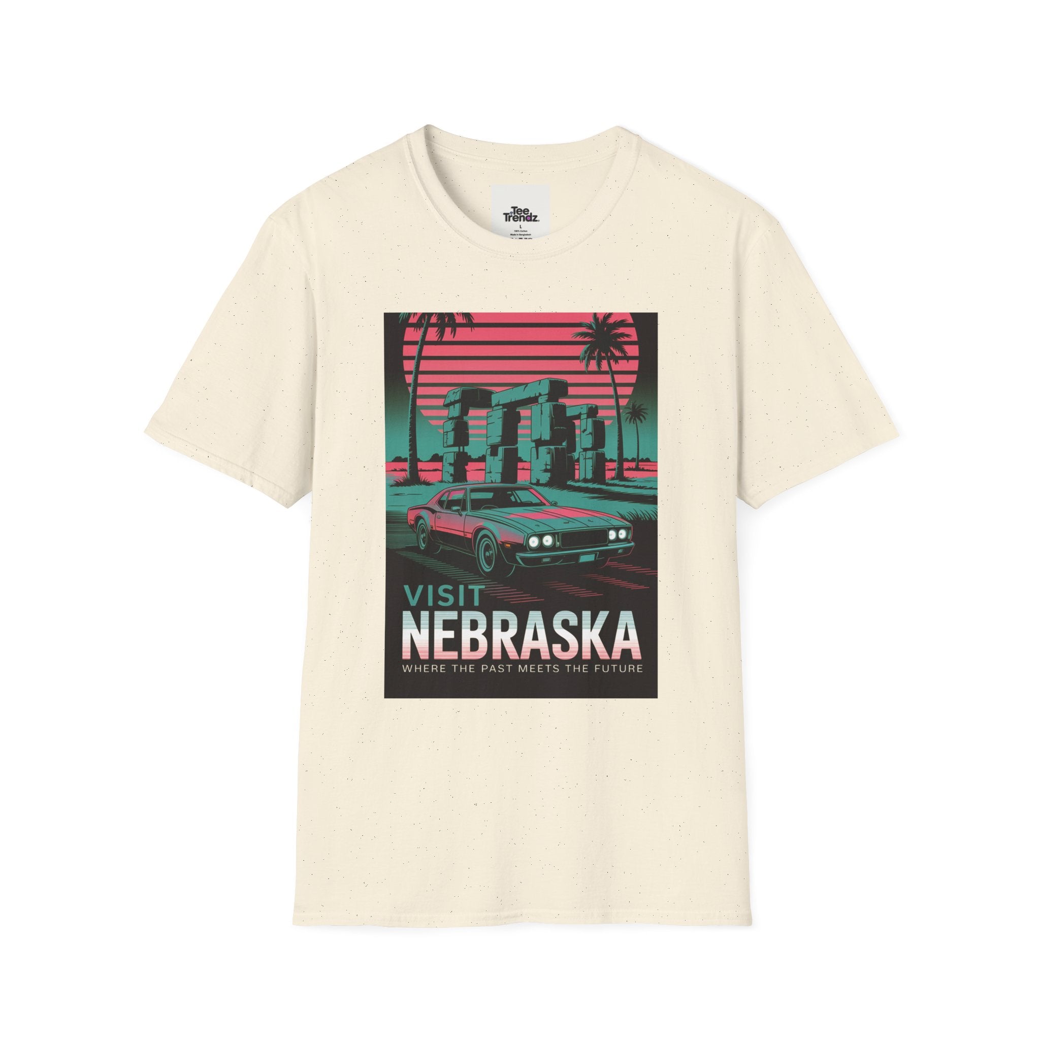 Visit Nebraska Retro T-Shirt — Neon Vintage Roadtrip Poster Design