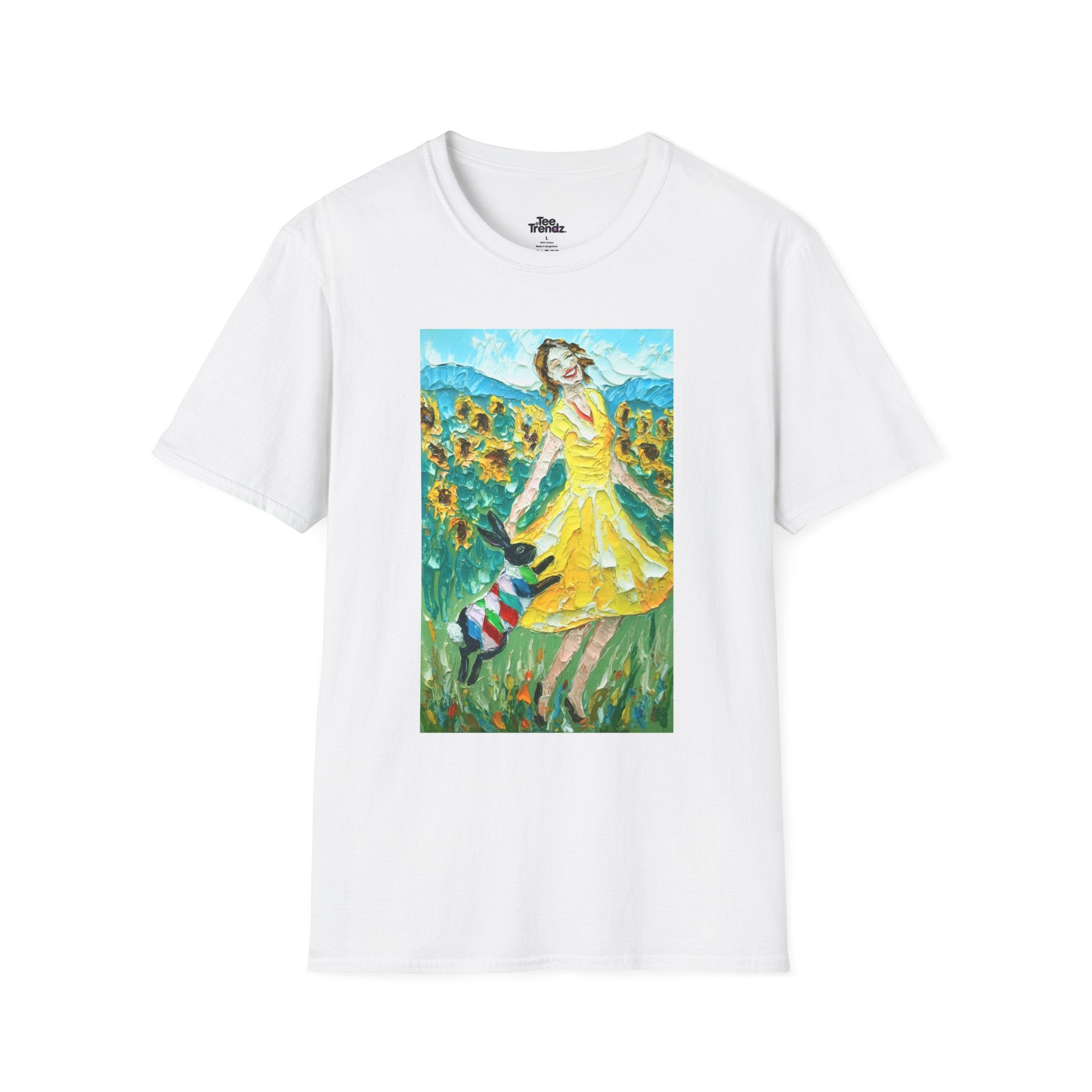 Sunflower Field Dress T-Shirt — Whimsical Girl & Dog Art Tee