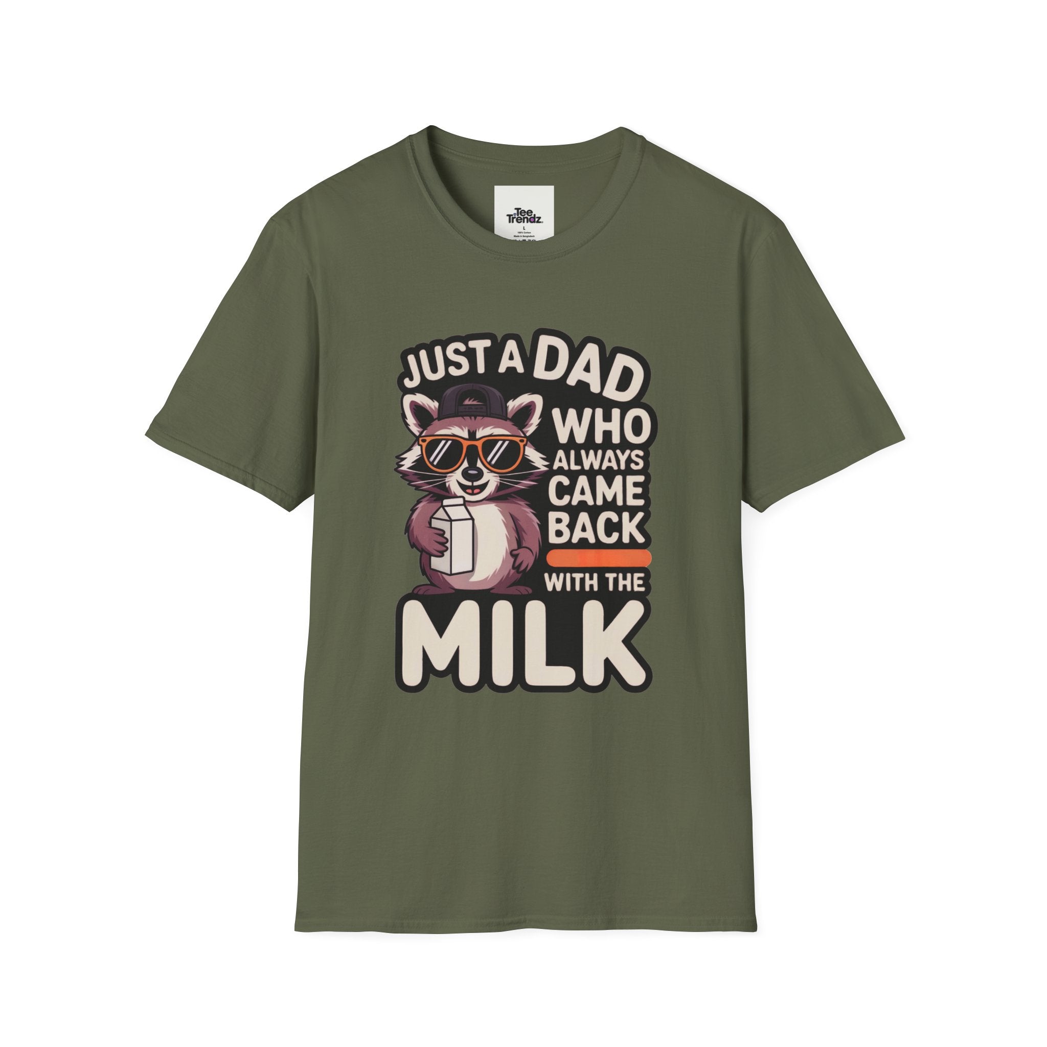 Dad T-Shirt — “Just a Dad Who Always Came Back With the Milk” Vintage Raccoon Design