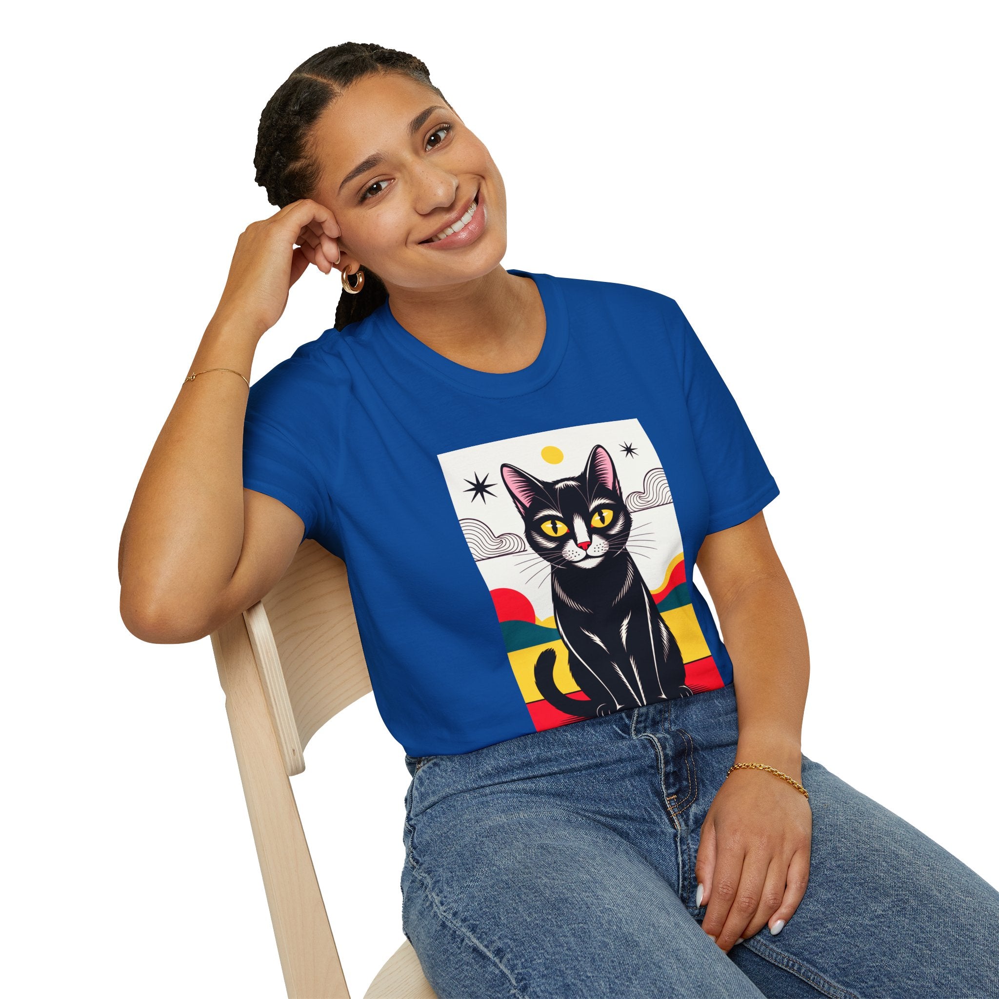 Black Cat Graphic T-Shirt — Retro Sunset Cat Illustration