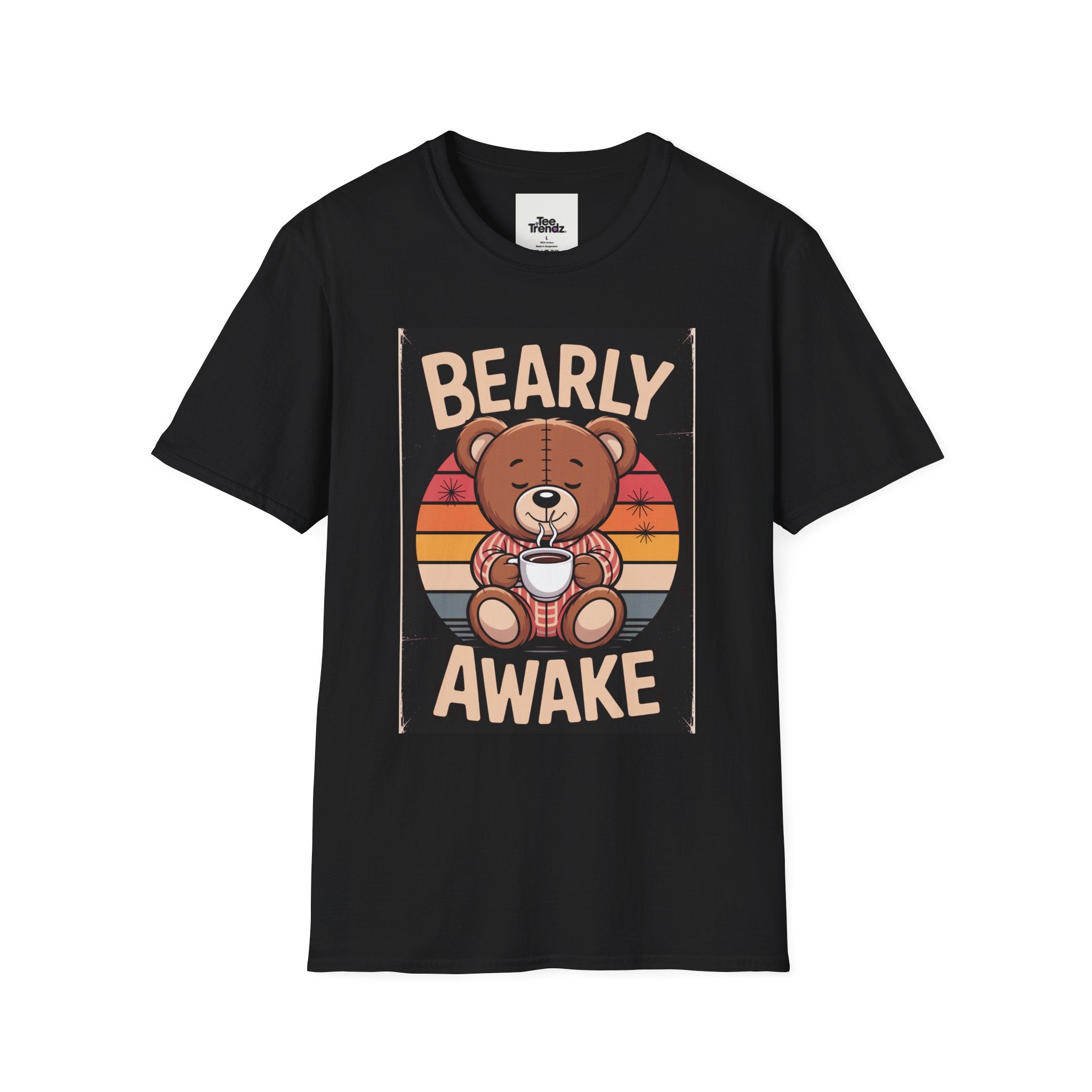 Bearly Awake T‑Shirt — Cute Coffee Bear Vintage Sunset Tee
