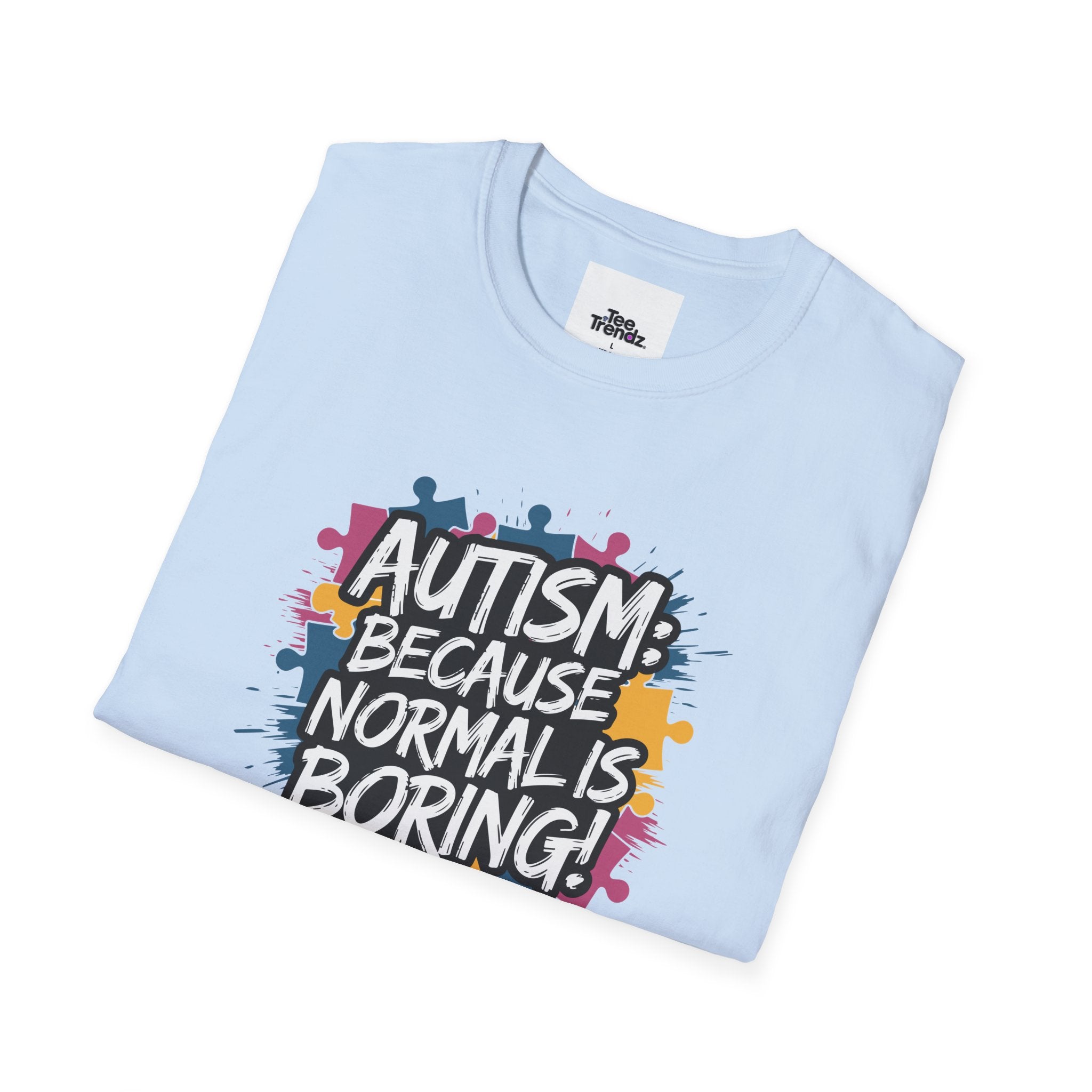 Autism Because Normal Is Boring T-Shirt — Colorful Puzzle Piece Awareness Tee