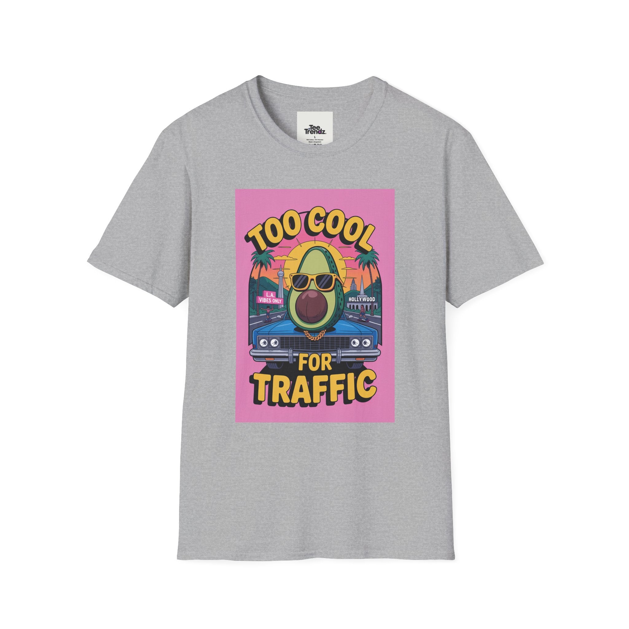 Too Cool for Traffic Avocado Tee — Retro Beach Car Graphic T-Shirt