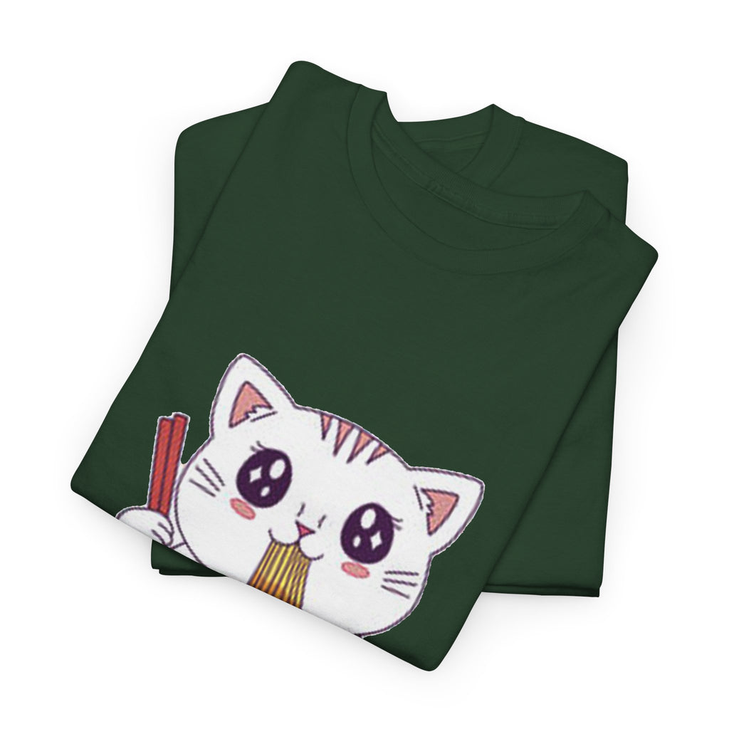 Cute Cat Ramen Tee – Kawaii Kitty Eating Noodles Graphic Shirt
