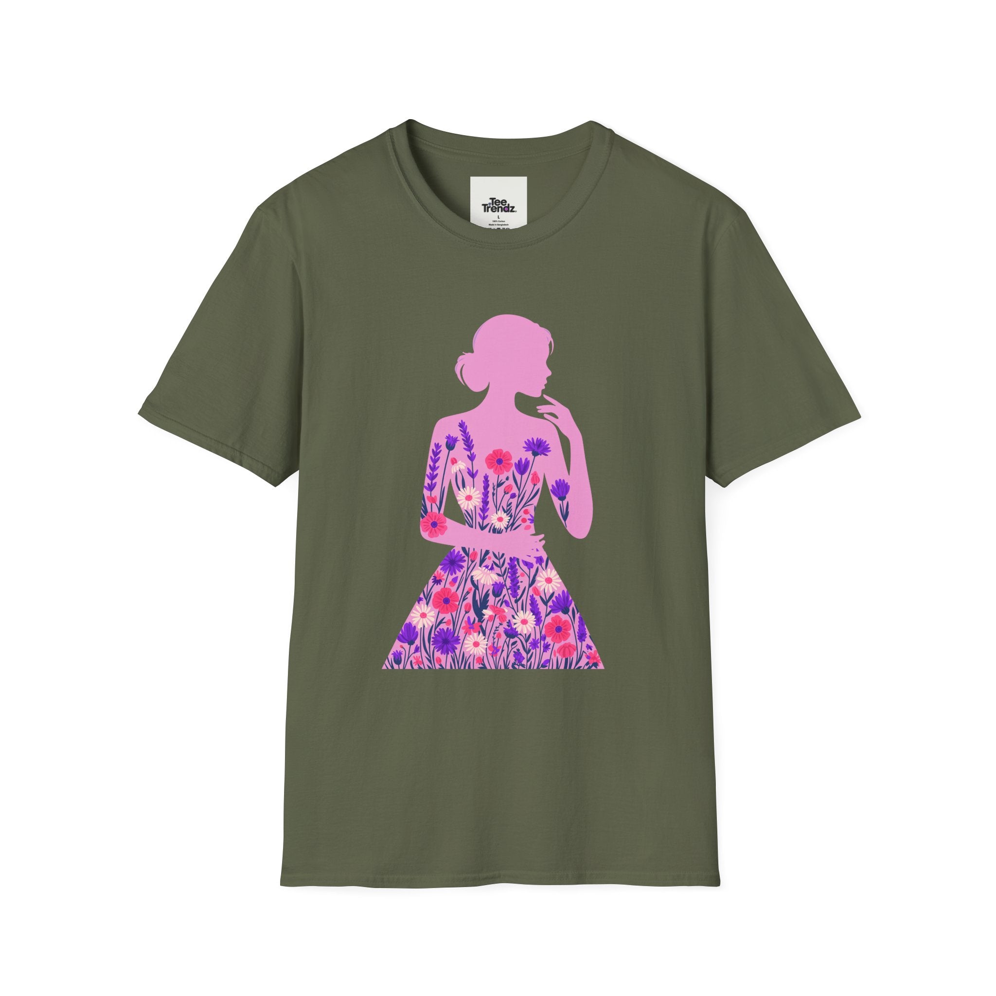 Floral Silhouette Tee — Pink Woman Dress Flower Graphic T-Shirt