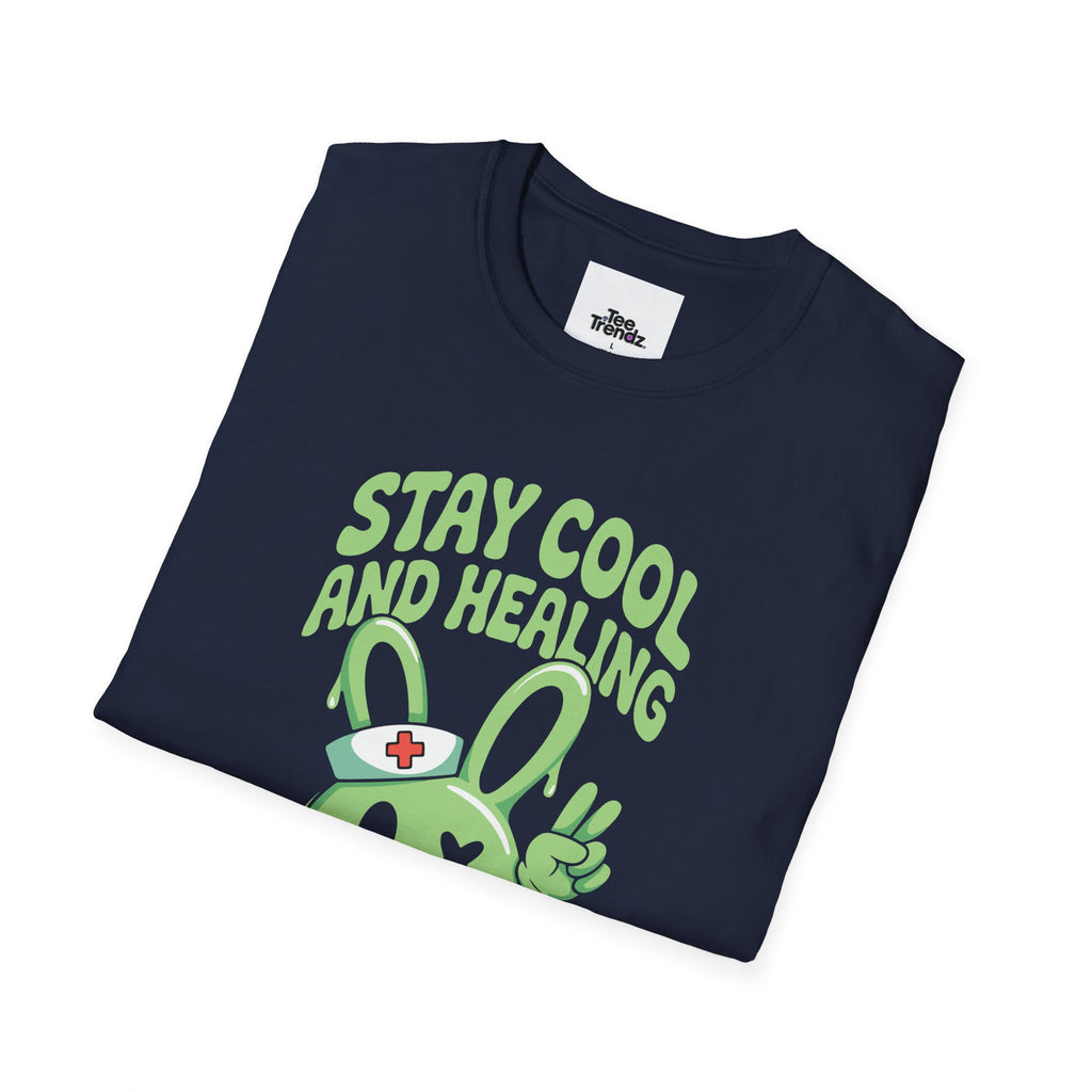Stay Cool and Healing Graphic T-Shirt — Cute Green Bunny Peace Tee