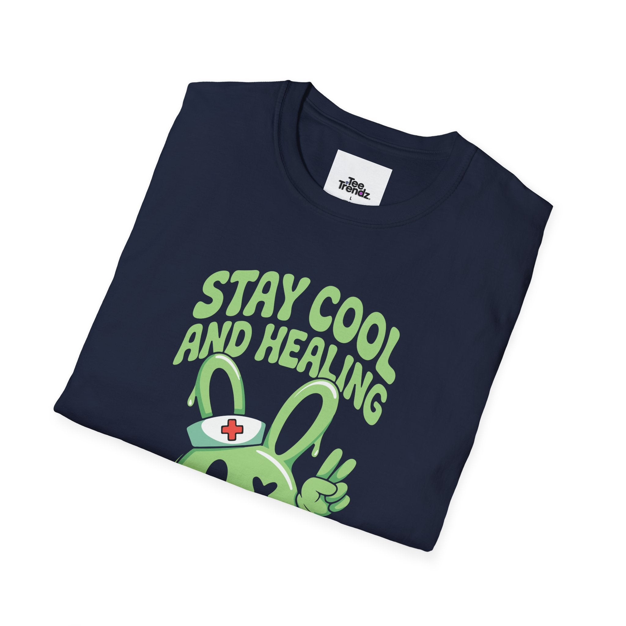 Stay Cool and Healing Graphic T-Shirt — Cute Green Bunny Peace Tee