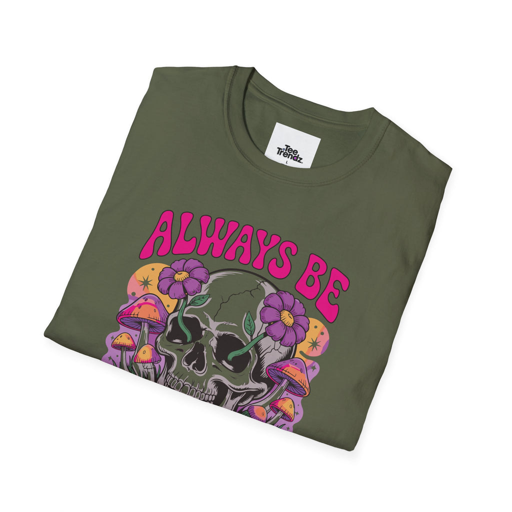 Skull & Mushrooms T-Shirt — "Always Be Weird" Retro Graphic Tee