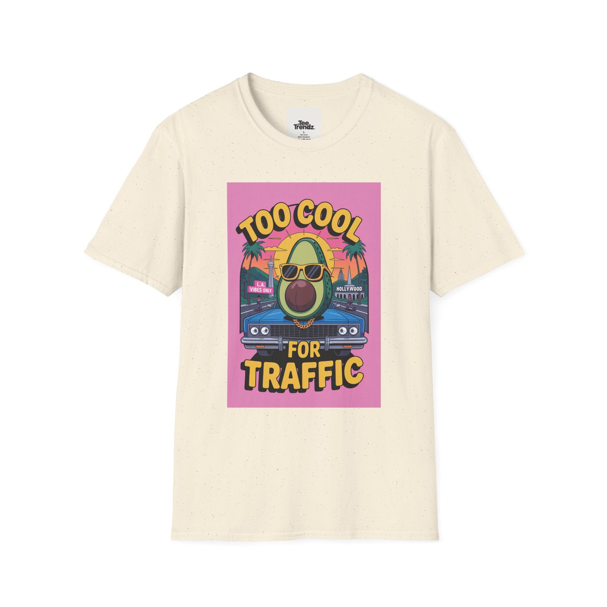 Too Cool for Traffic Avocado Tee — Retro Beach Car Graphic T-Shirt