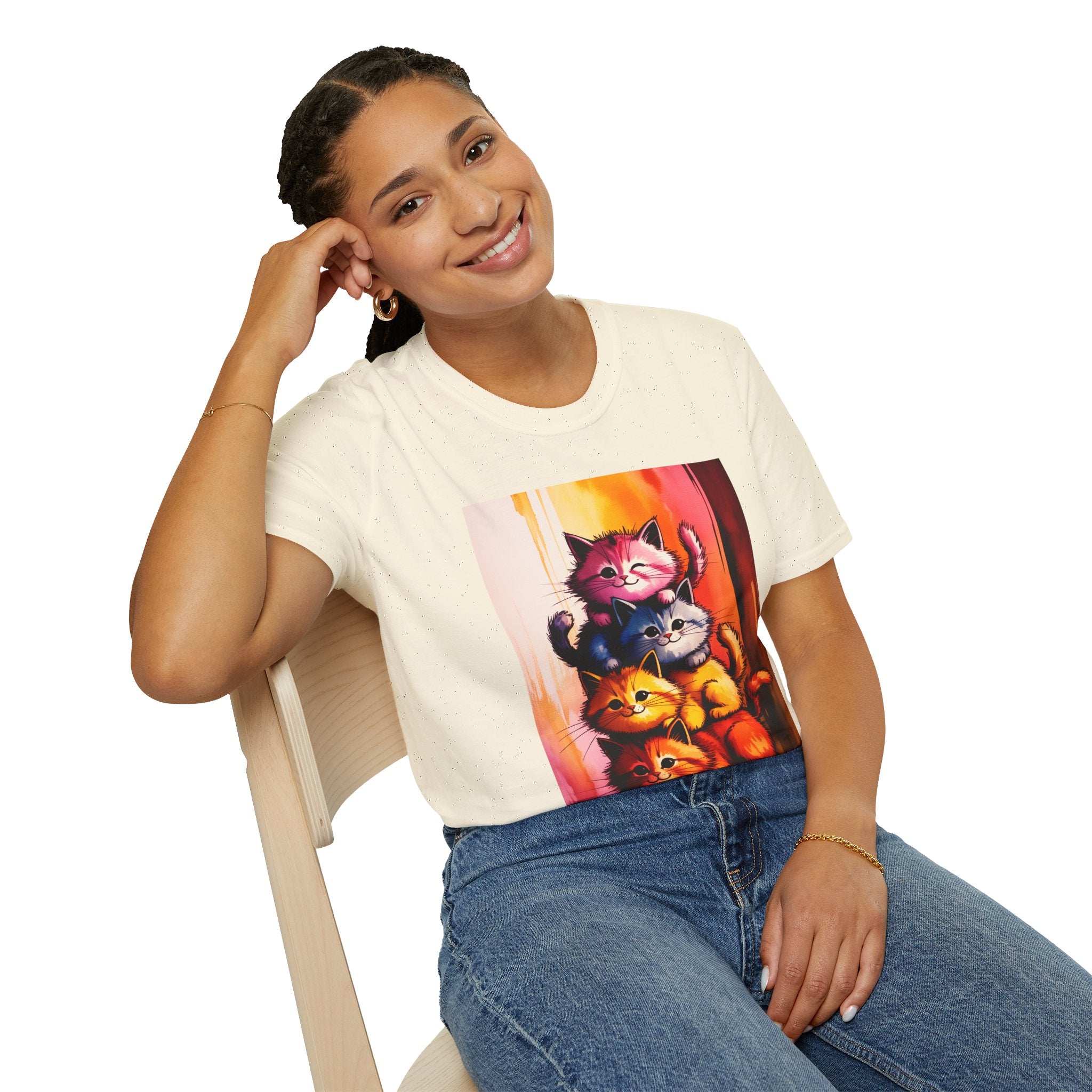 Colorful Stacked Cats T-Shirt — Playful Cute Cat Art Tee