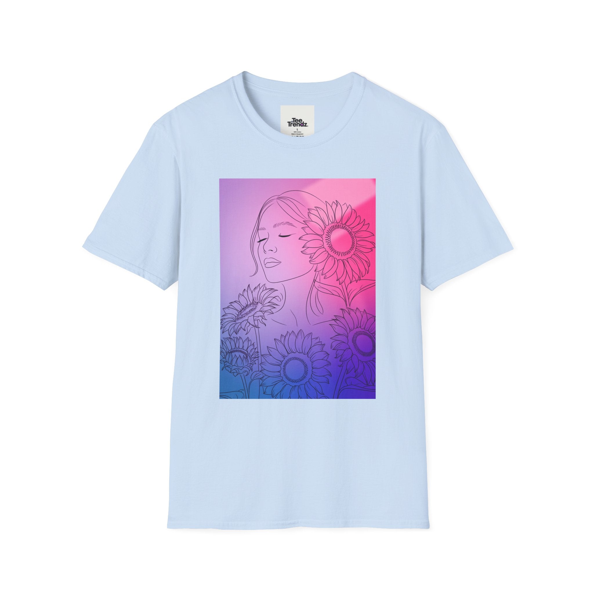 Floral Muse Tee — Pink to Blue Gradient Sunflower Portrait T-Shirt