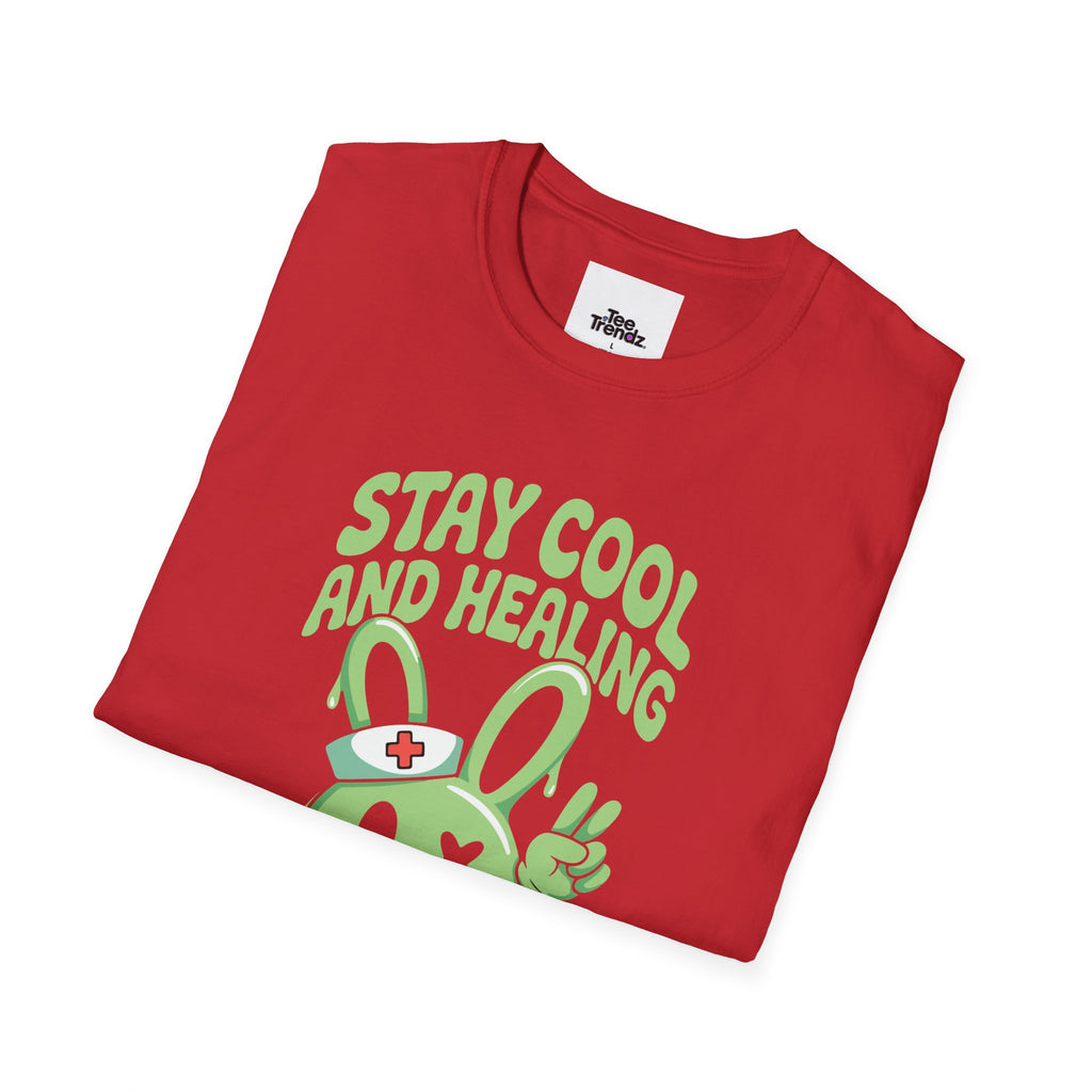 Stay Cool and Healing Graphic T-Shirt — Cute Green Bunny Peace Tee