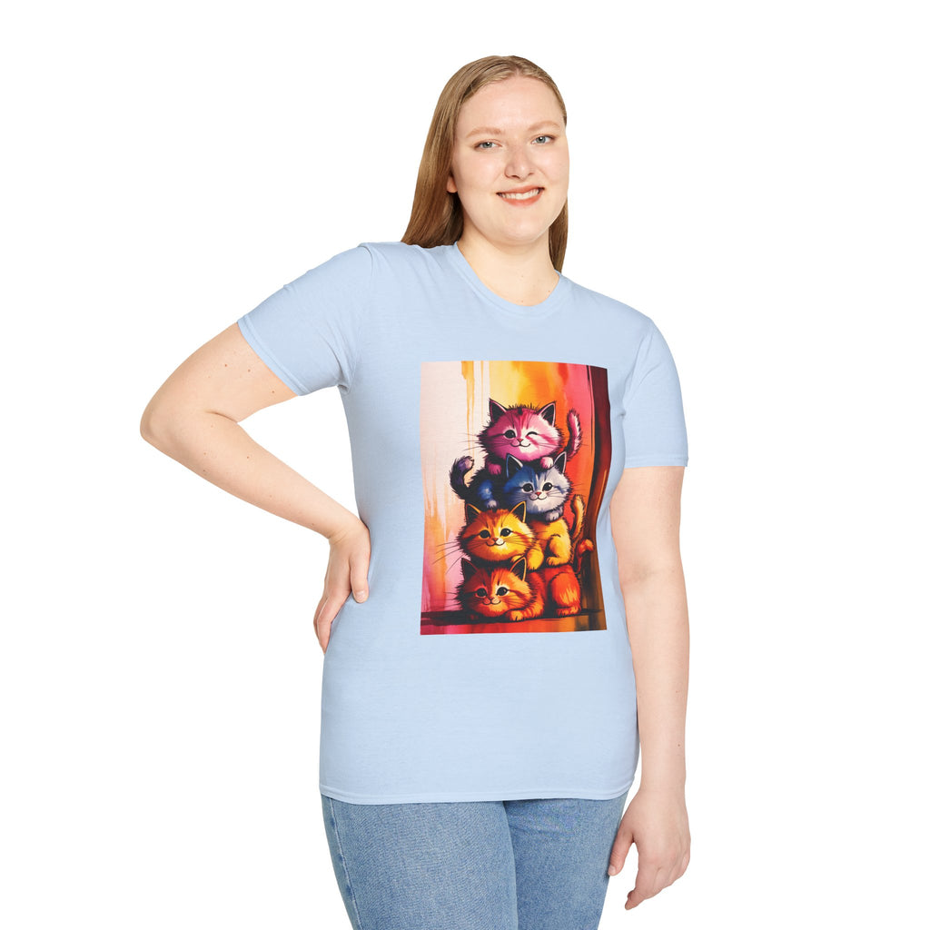Colorful Stacked Cats T-Shirt — Playful Cute Cat Art Tee