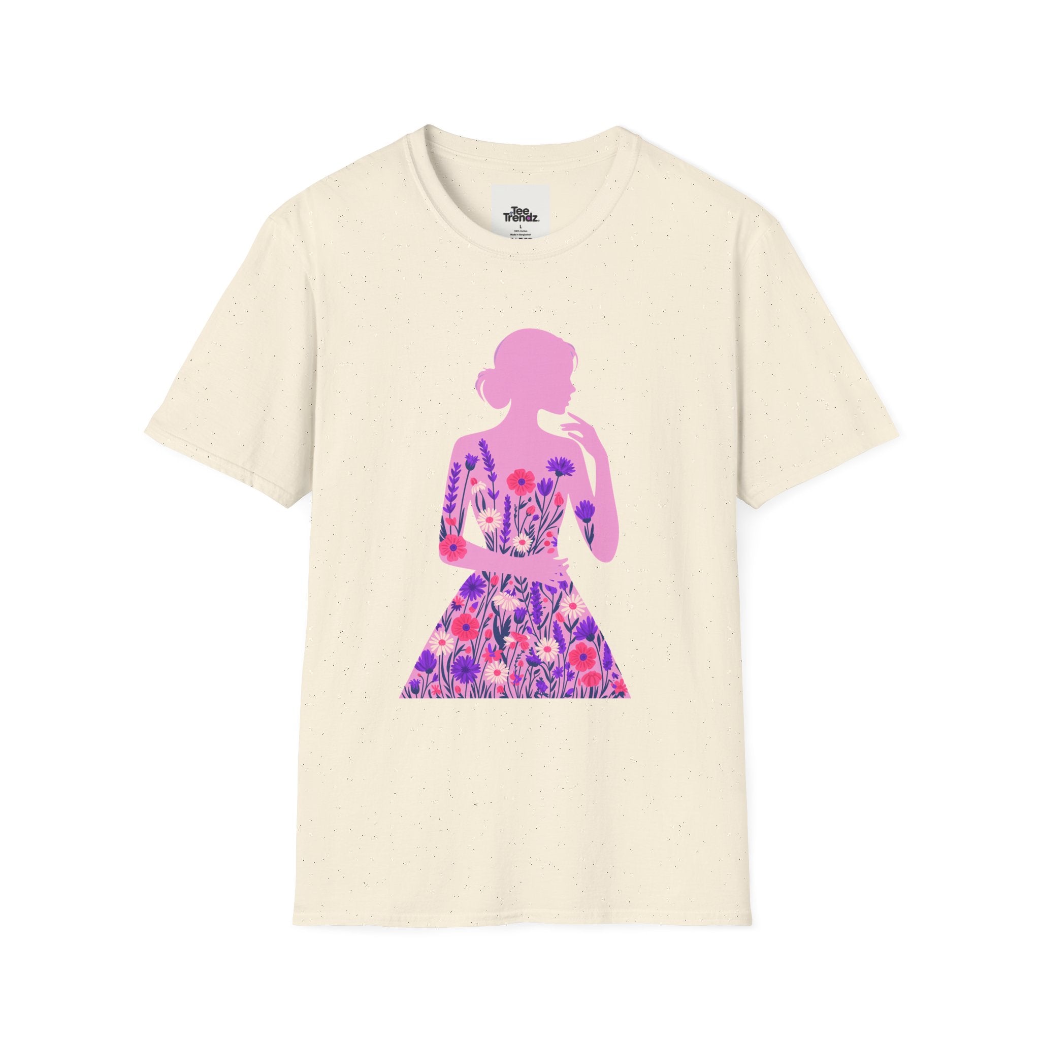 Floral Silhouette Tee — Pink Woman Dress Flower Graphic T-Shirt