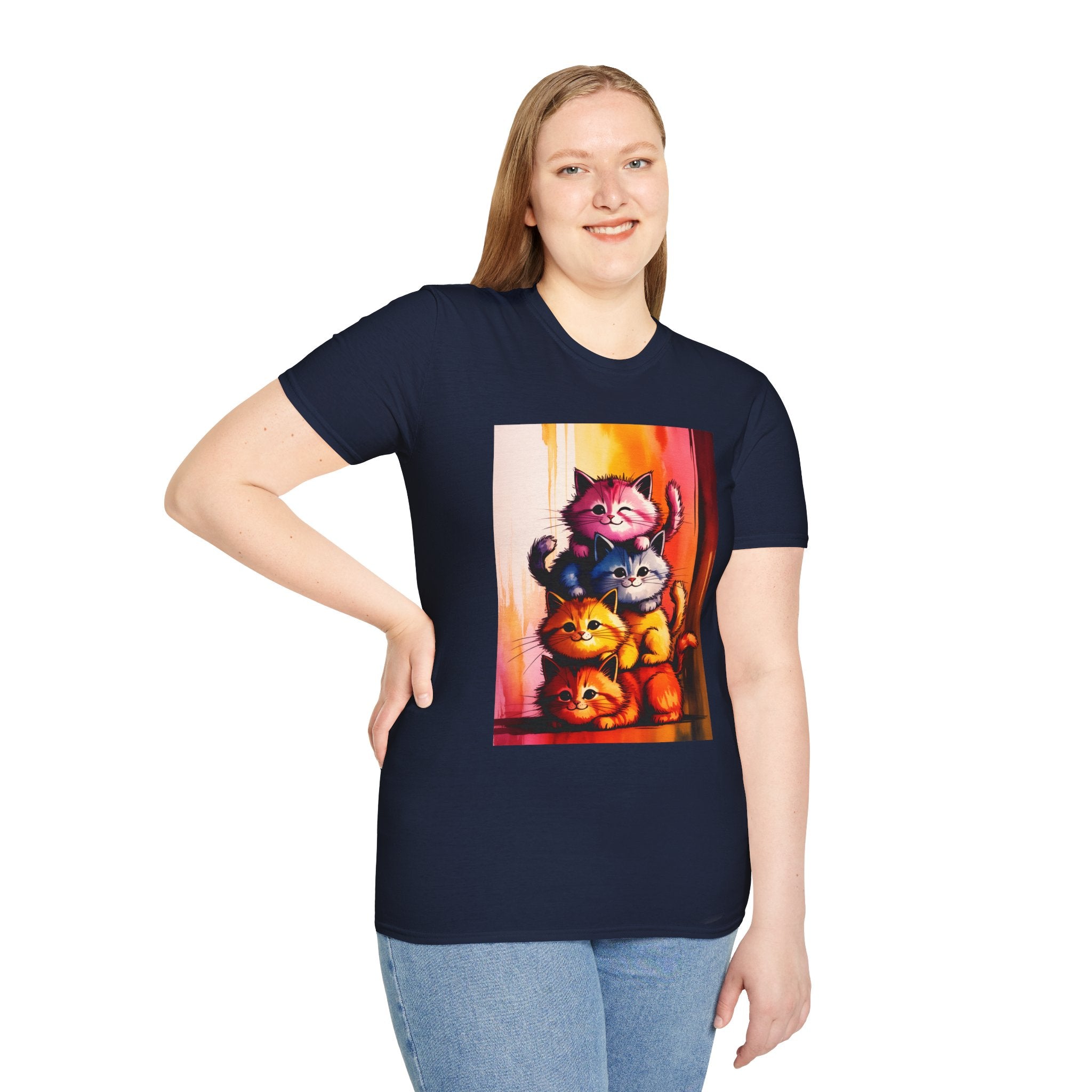Colorful Stacked Cats T-Shirt — Playful Cute Cat Art Tee
