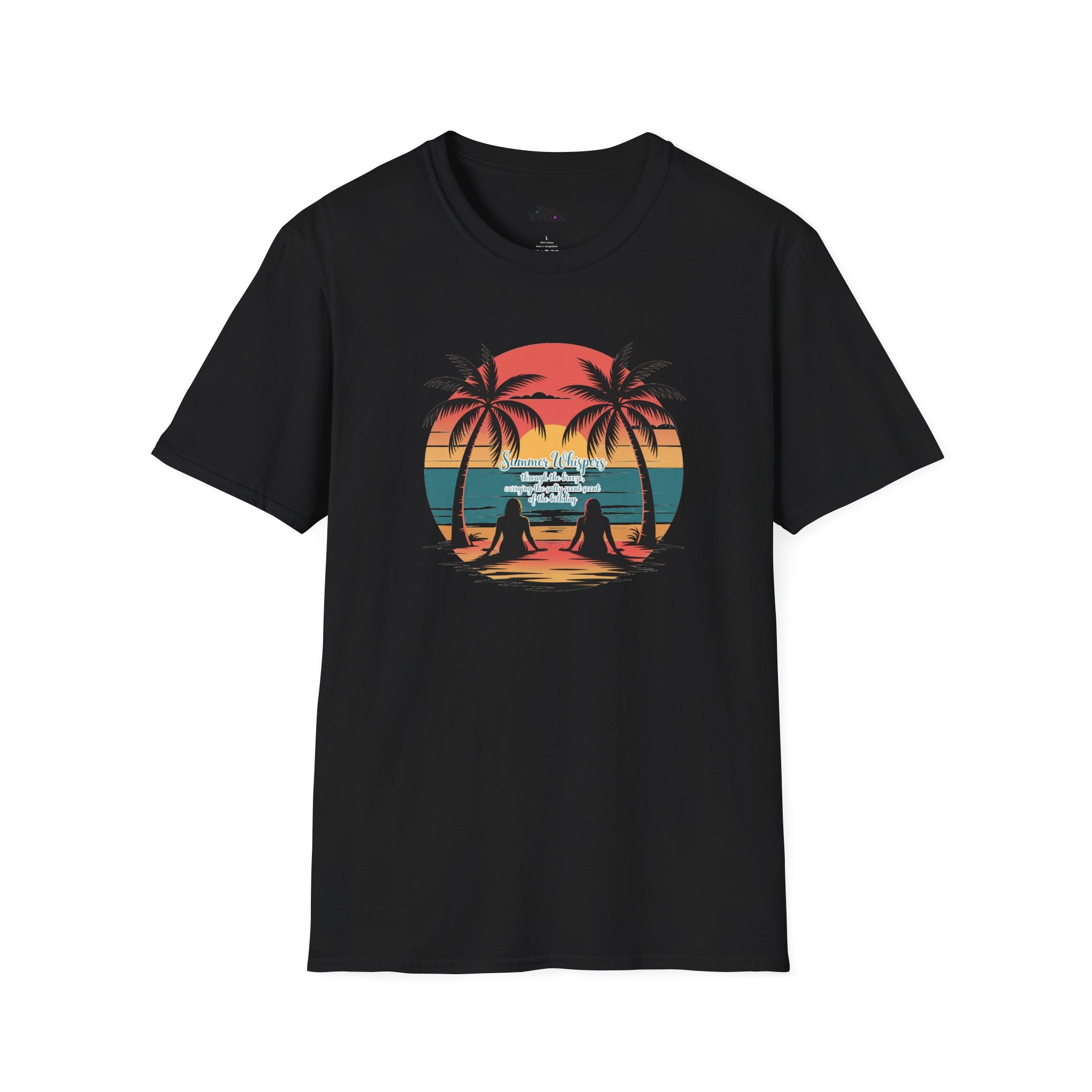 Beach Sunset T-Shirt — Couples Silhouette Palm Tree Graphic Tee (Vintage Rainbow Stripes)