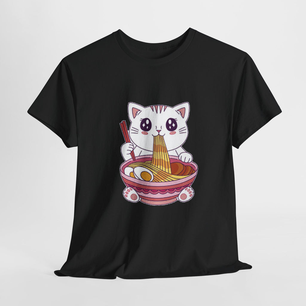 Cute Cat Ramen Tee – Kawaii Kitty Eating Noodles Graphic Shirt
