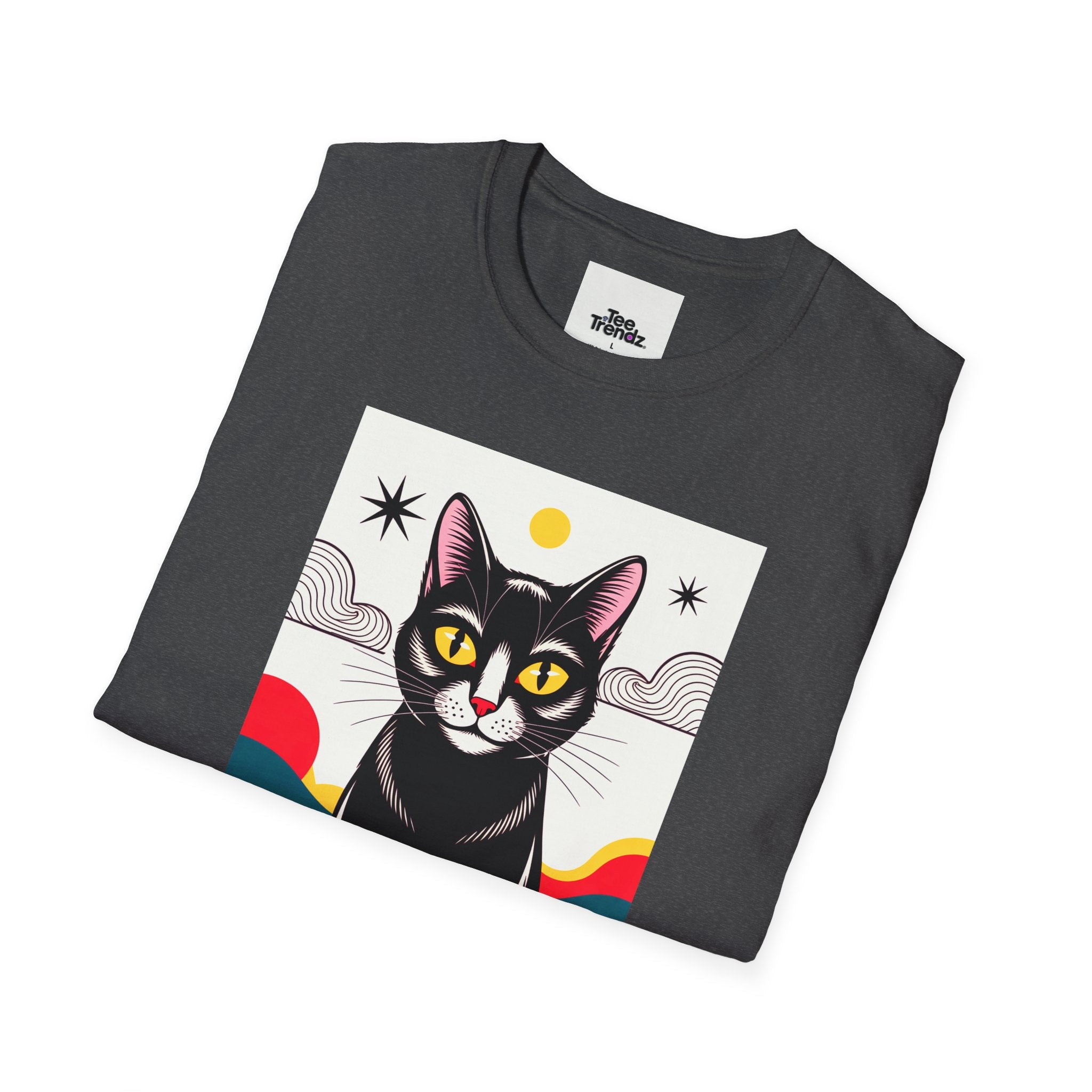 Black Cat Graphic T-Shirt — Retro Sunset Cat Illustration